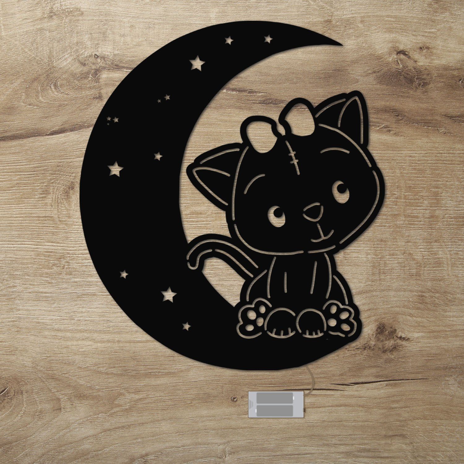 Namofactur LED Dekolicht Wandlampe Mond Katze Holz Wand Deko Lampe Nachtlicht I Kinderzimmer, Ohne Zugschalter/Stern, LED fest integriert, Warmweiß