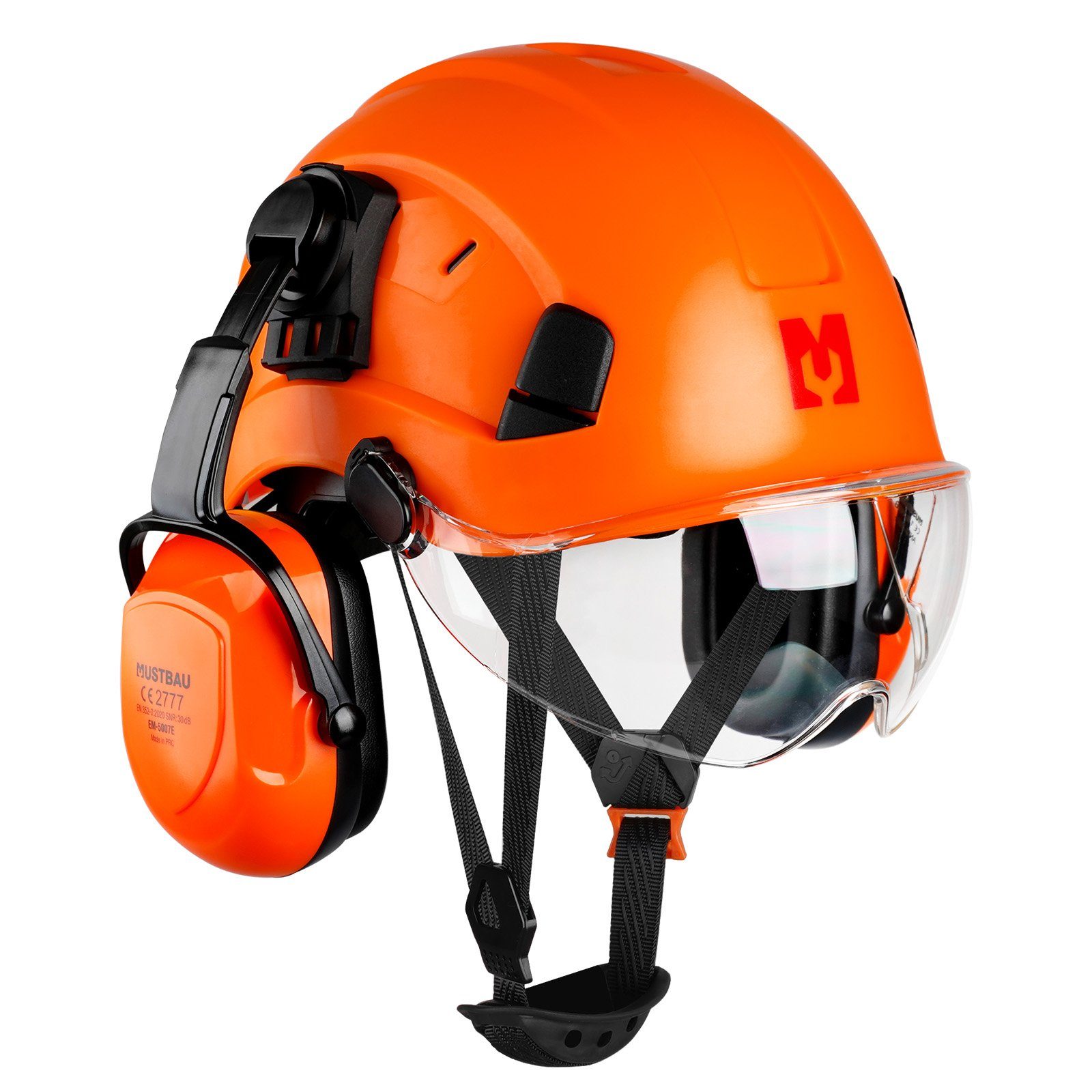 Mustbau Schutzhelm EN397, Arbeitshelm Mit Ohrschutz und Schutzbrille Set, ABS, 53- 63cm verstellbar