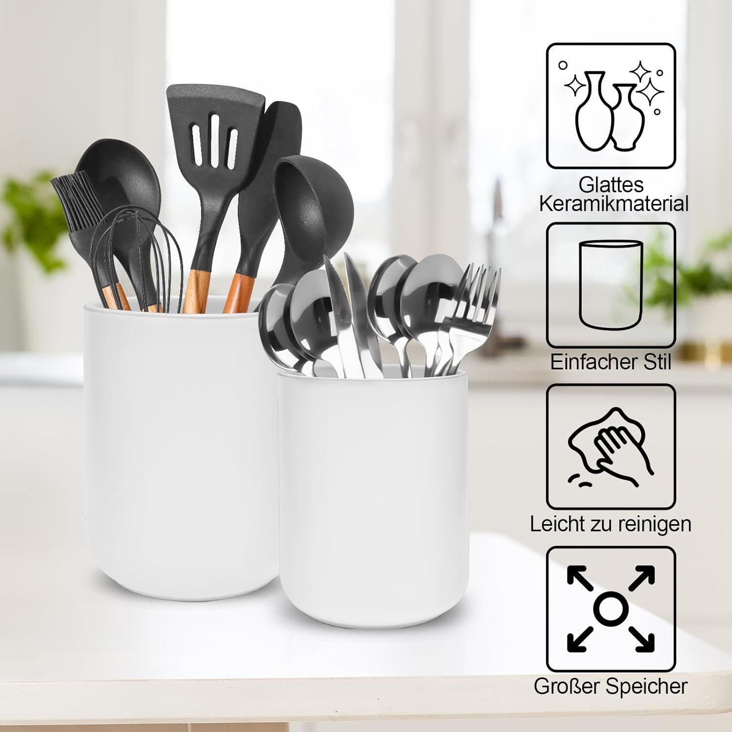 AFKSMILE Besteckhalter 2 Stück Küchenutensilienhalter, Utensilienhalter Keramik, Besteckkorb, Küchenhelfer Set, Kochutensilien-Töpfe für Spatel, Löffel, Pflanze – Bild 2 von 5