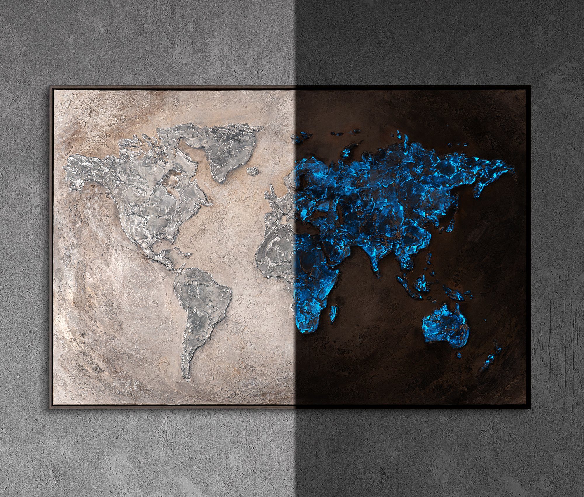YS-Art Gemälde Leinwand, Welt Rahmen Karte auf Grau Mit in
