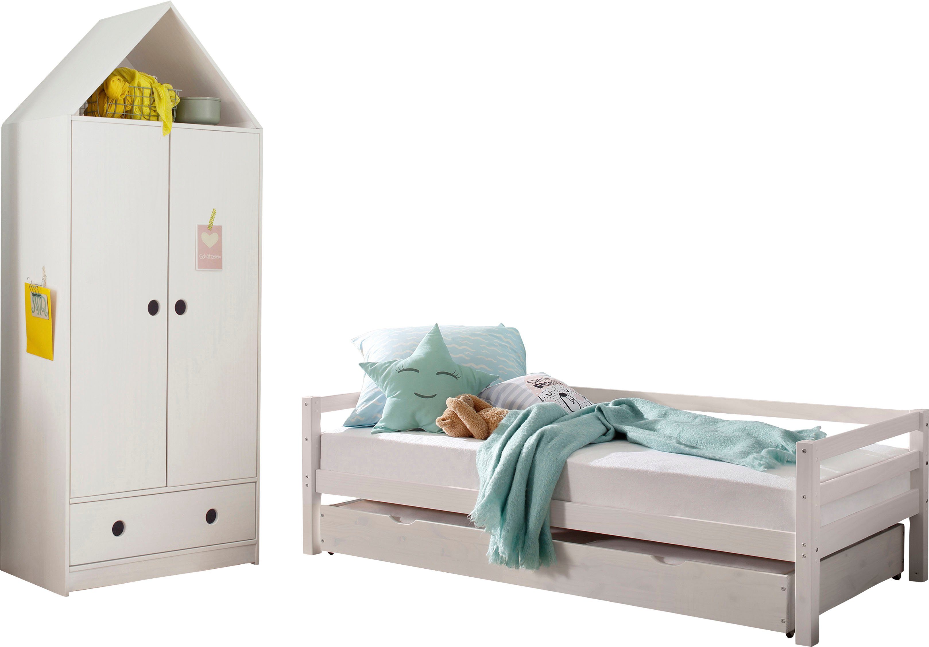 Alpi, Jugendzimmer-Set mit Hausoptik, + Lüttenhütt Daybed weiß 2. (Spar-Set, Kleiderschrank Liegefläche platzsparend 2-St), in