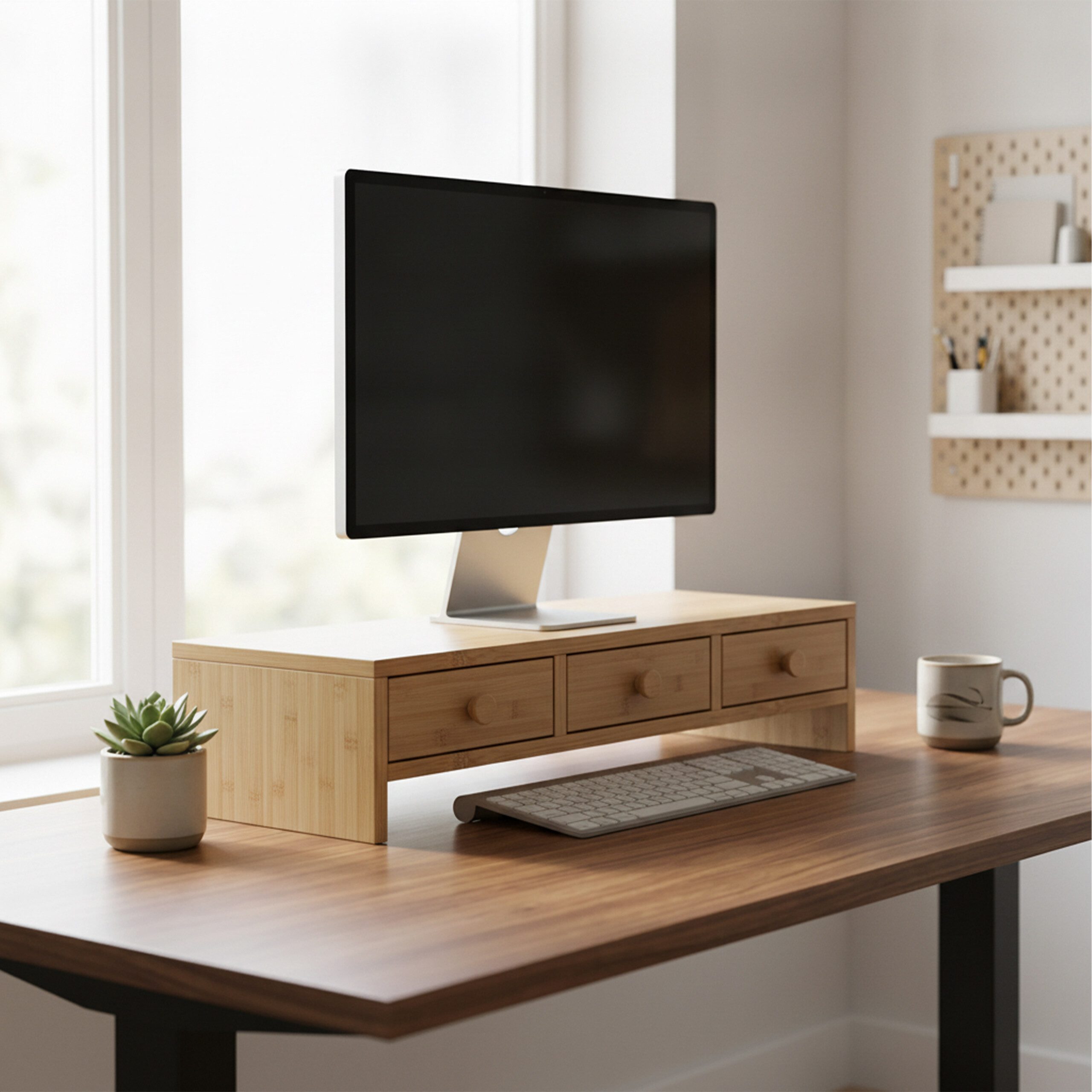 relaxdays Monitorständer mit 3 Schubladen, (1-tlg., Holzoptik) – Bild 2 von 5