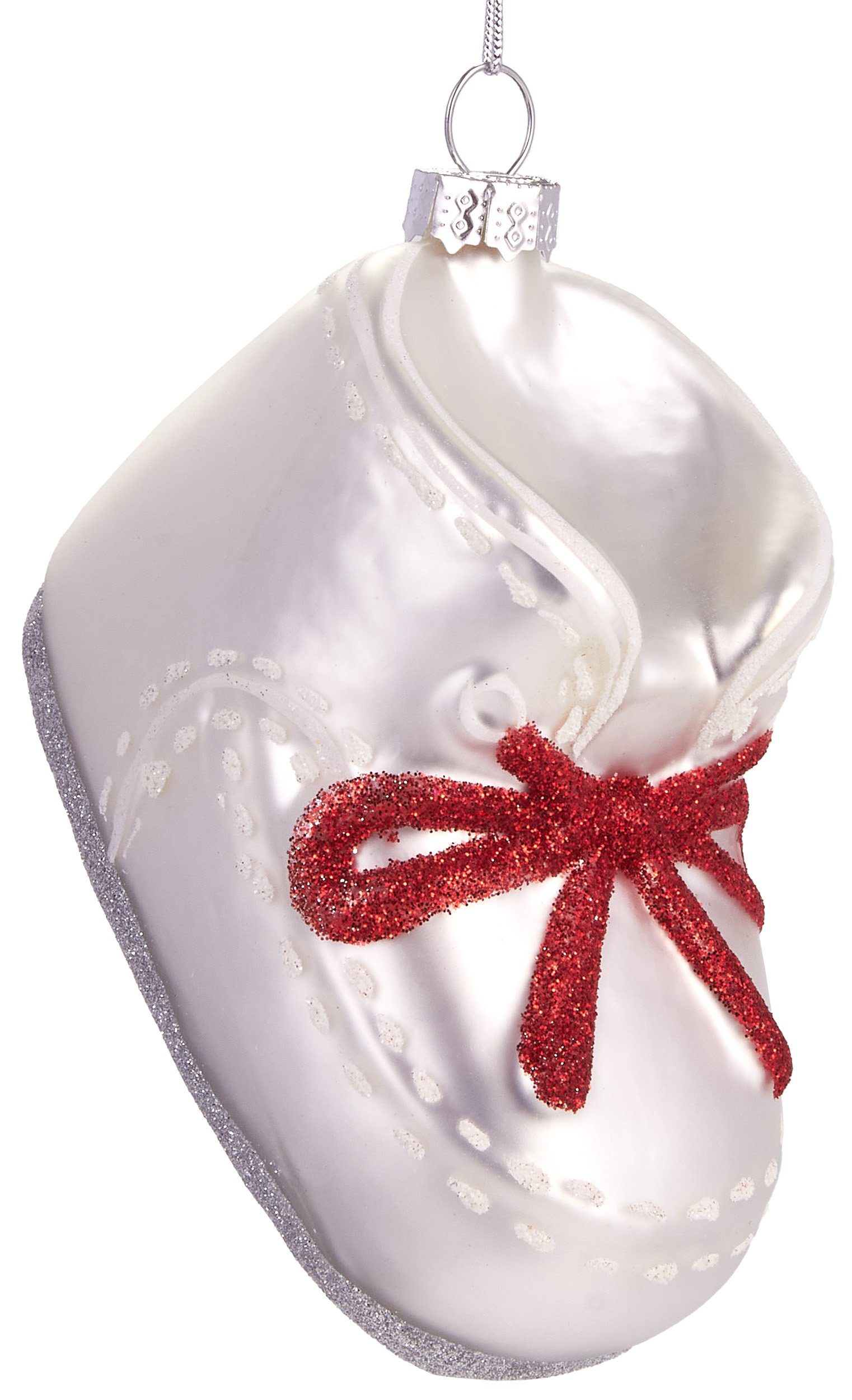 BRUBAKER Christbaumschmuck Handbemalte Weihnachtskugel Babyschuh mit Schleife, Weihnachtsdekoration aus Glas, mundgeblasenes Unikat - ca. 9 cm