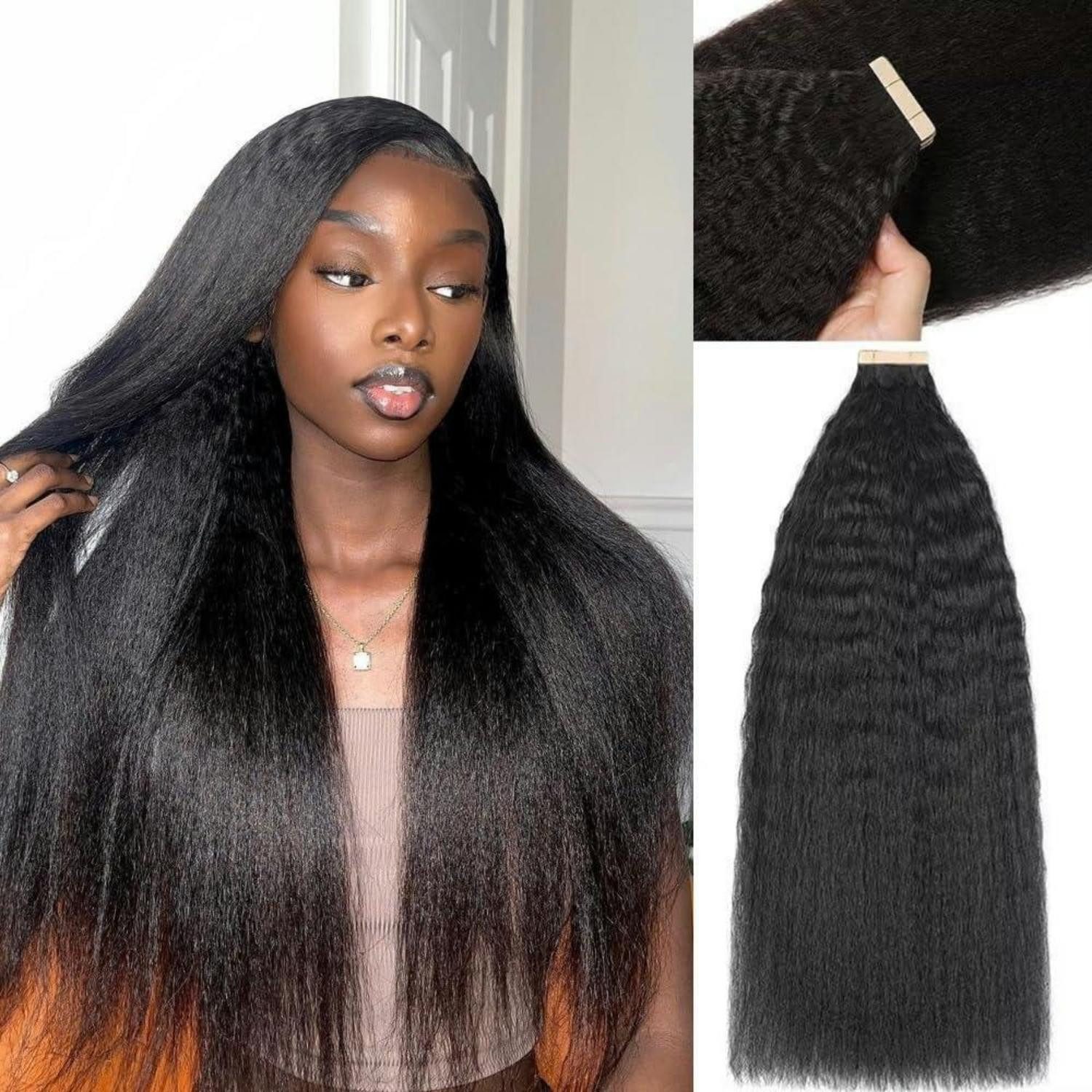 LuxusKollektion Echthaar-Extension Tape In Extensions Kinky Straight 1B#-KS 18zoll-45.7cm(60er Pack)