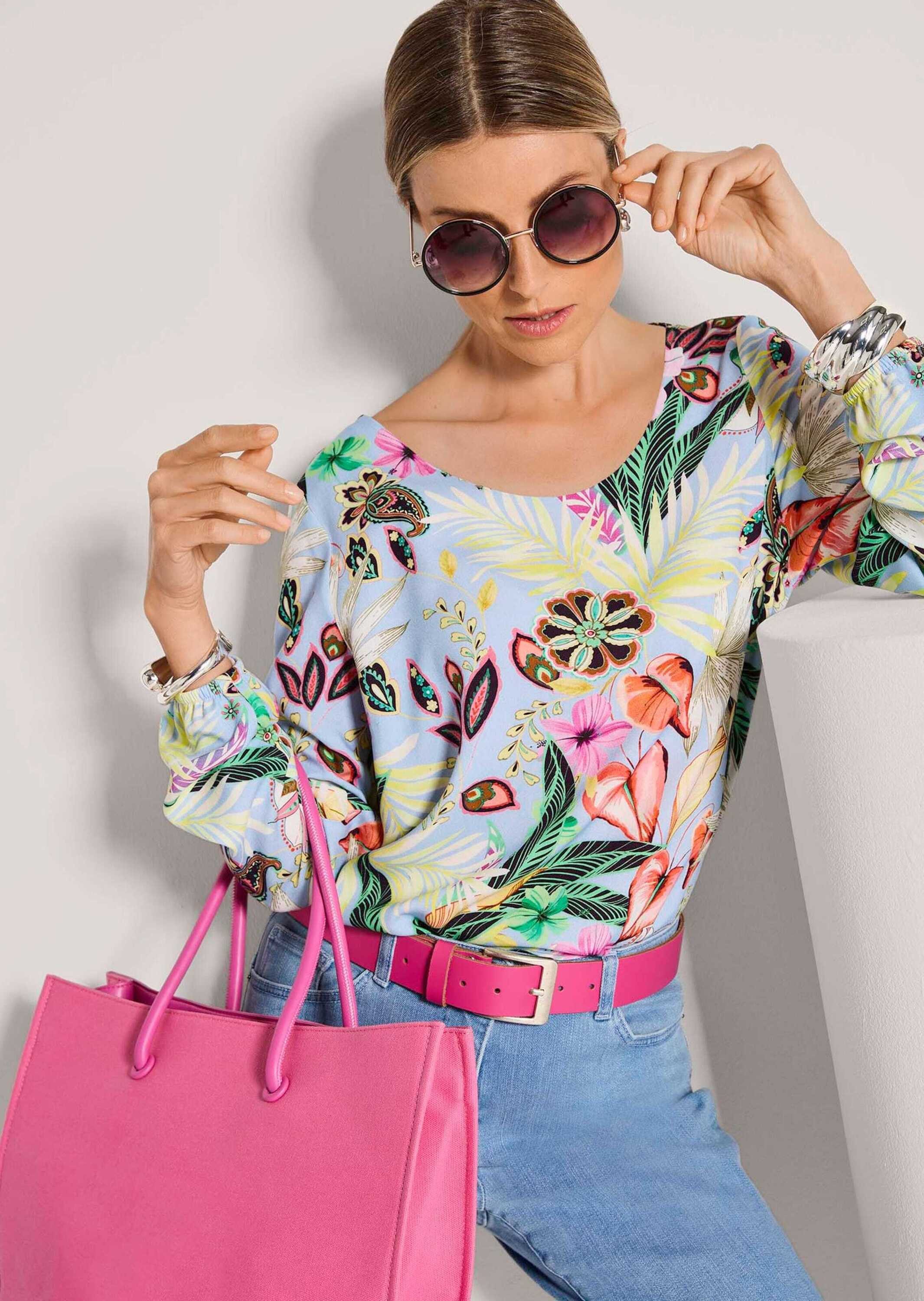 MADELEINE Hemdbluse Fließende Viskosebluse mit Blumenmuster Druckbluse mit Rundhals, Gummibündchen und Langarm