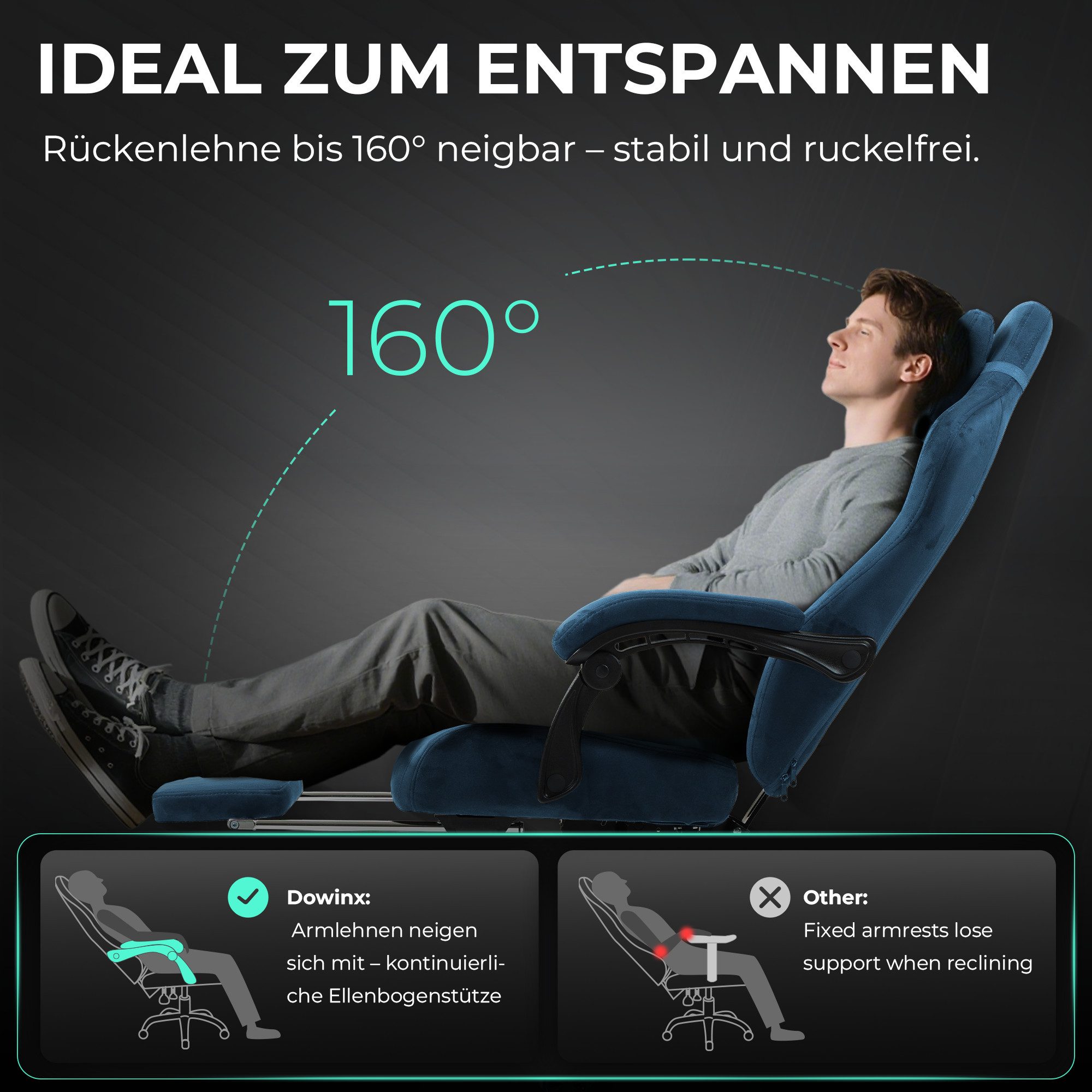 Dowinx Gaming-Stuhl Atmungsaktiver und Ergonomischer Bürostuhl aus Mikrofaser-Velours (Packung), Weiches Sitzgefühl, Verstellbarer Schreibtischstuhl mit Fußstüt – Bild 3 von 5