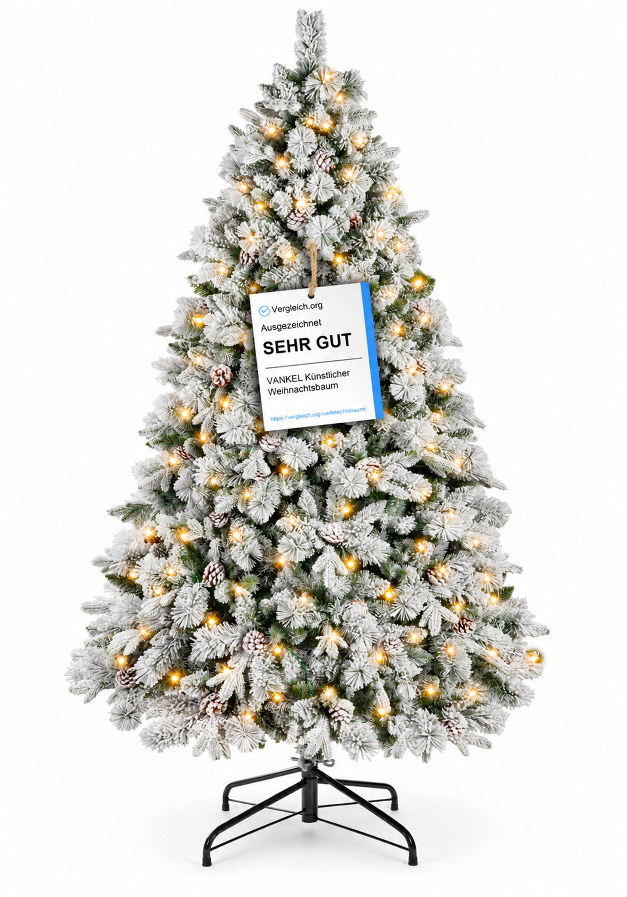 Vankel Künstlicher Weihnachtsbaum mit Schnee, Beleuchtung und Zapfen, Tannenbaum mit Metallständer, grün, Beschneiter Tannenbaum mit Zapfen, warmem Licht und Metallständer