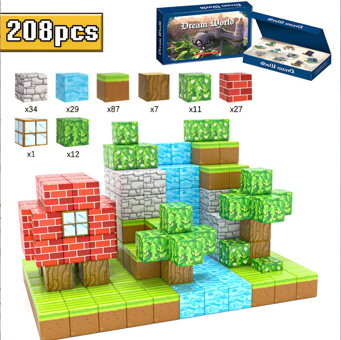 Goldstern-Tech Dream World Magnetspielbausteine, (Bauset, Thembausteine, 208 St., Magnetisches Würfel-Bausystem mit erweiterbarer Bausteinanzahl)