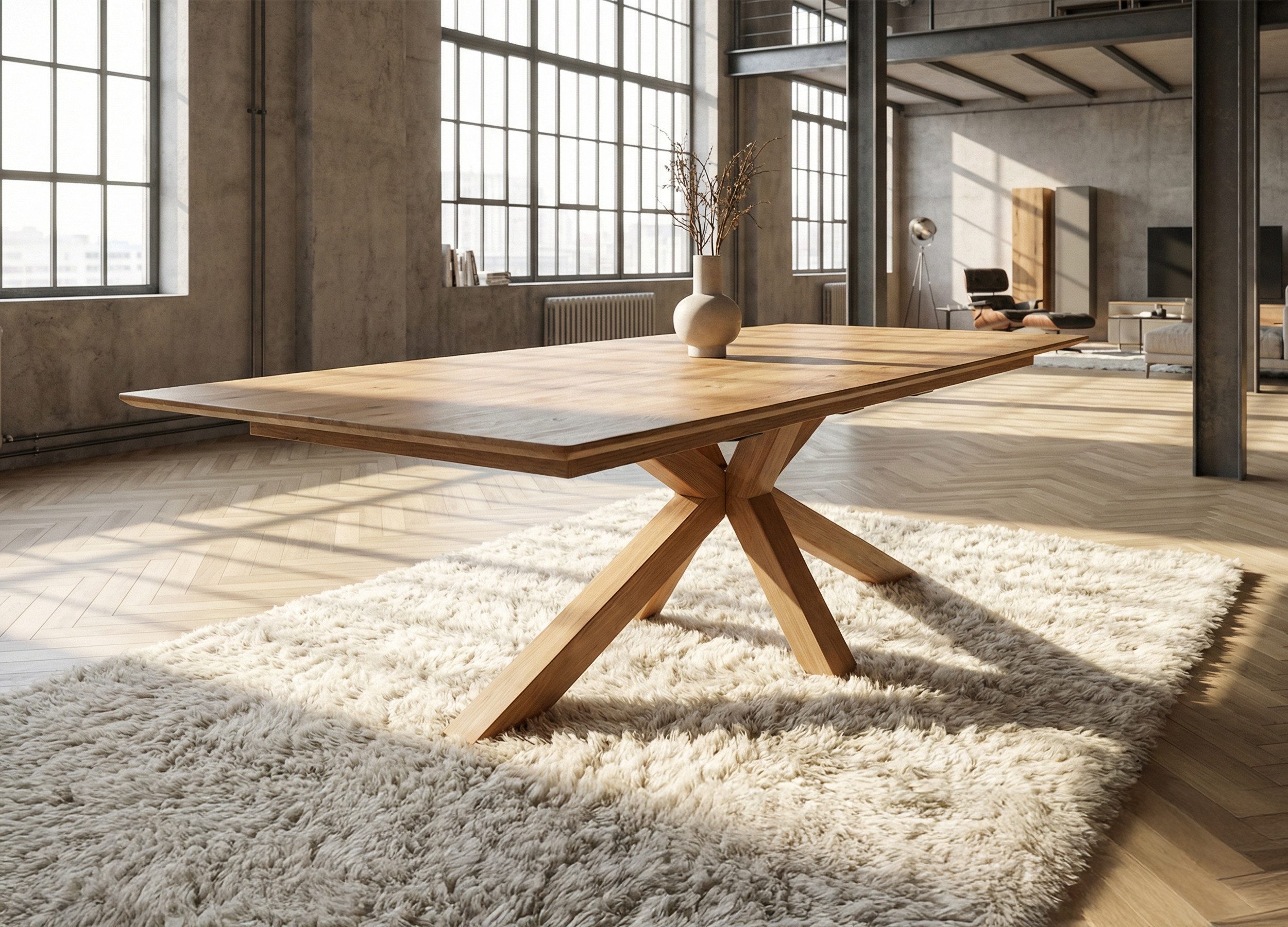 Massivart® Esstisch Wildeiche Massivholz geölt, ausziehbar / Spider-Gestell Holz / RICARDO, Schweizer Kante • innenliegender Butterfly-Auszug • Natur Pur