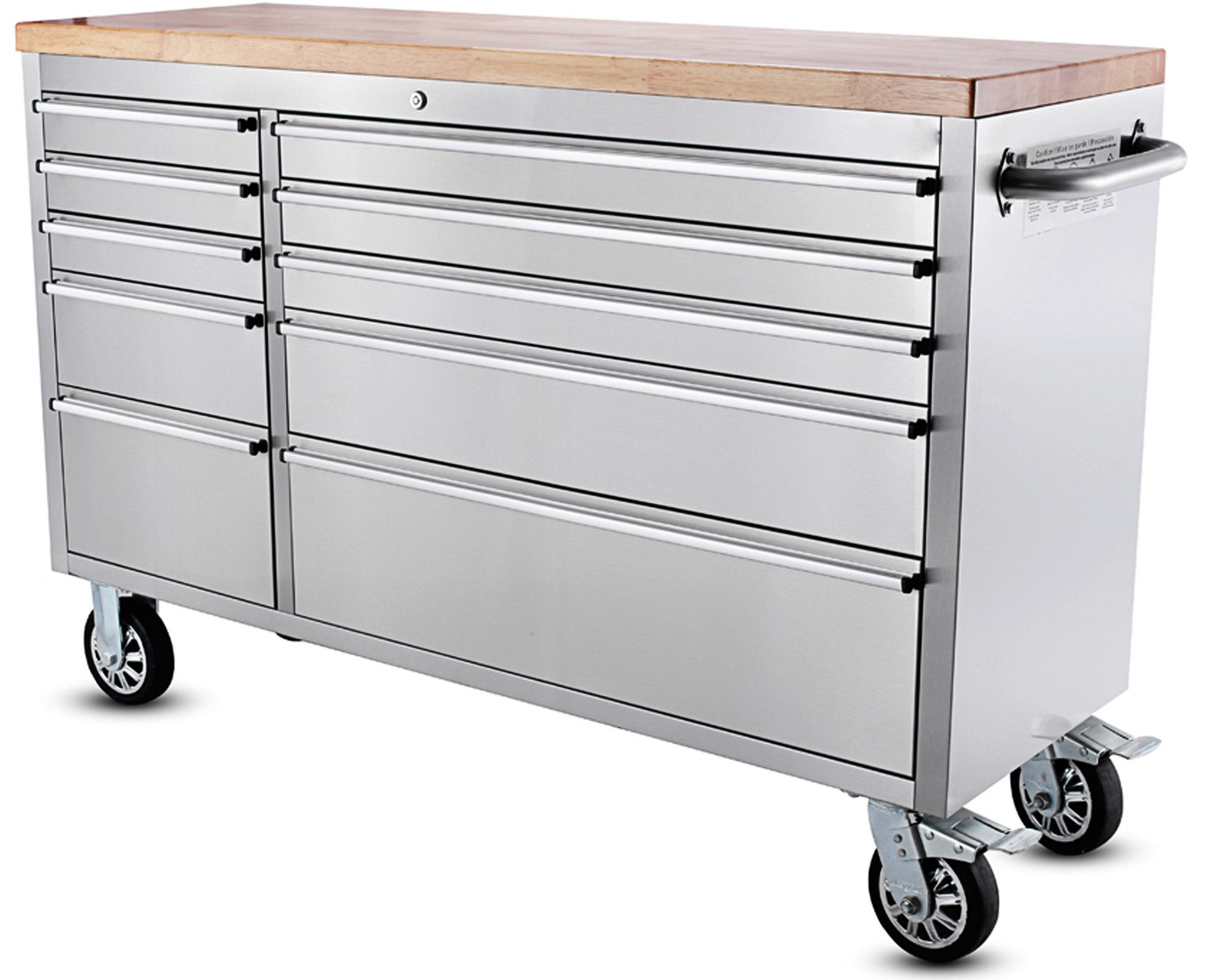 ONDIS24 Werkstattwagen Werkzeugwagen aus Edelstahl mit 10 Schubladen, max. Traglast:300 kg, fahrbar, kugelgelagerten Schubladen, abschließbar, Massivholzplatte