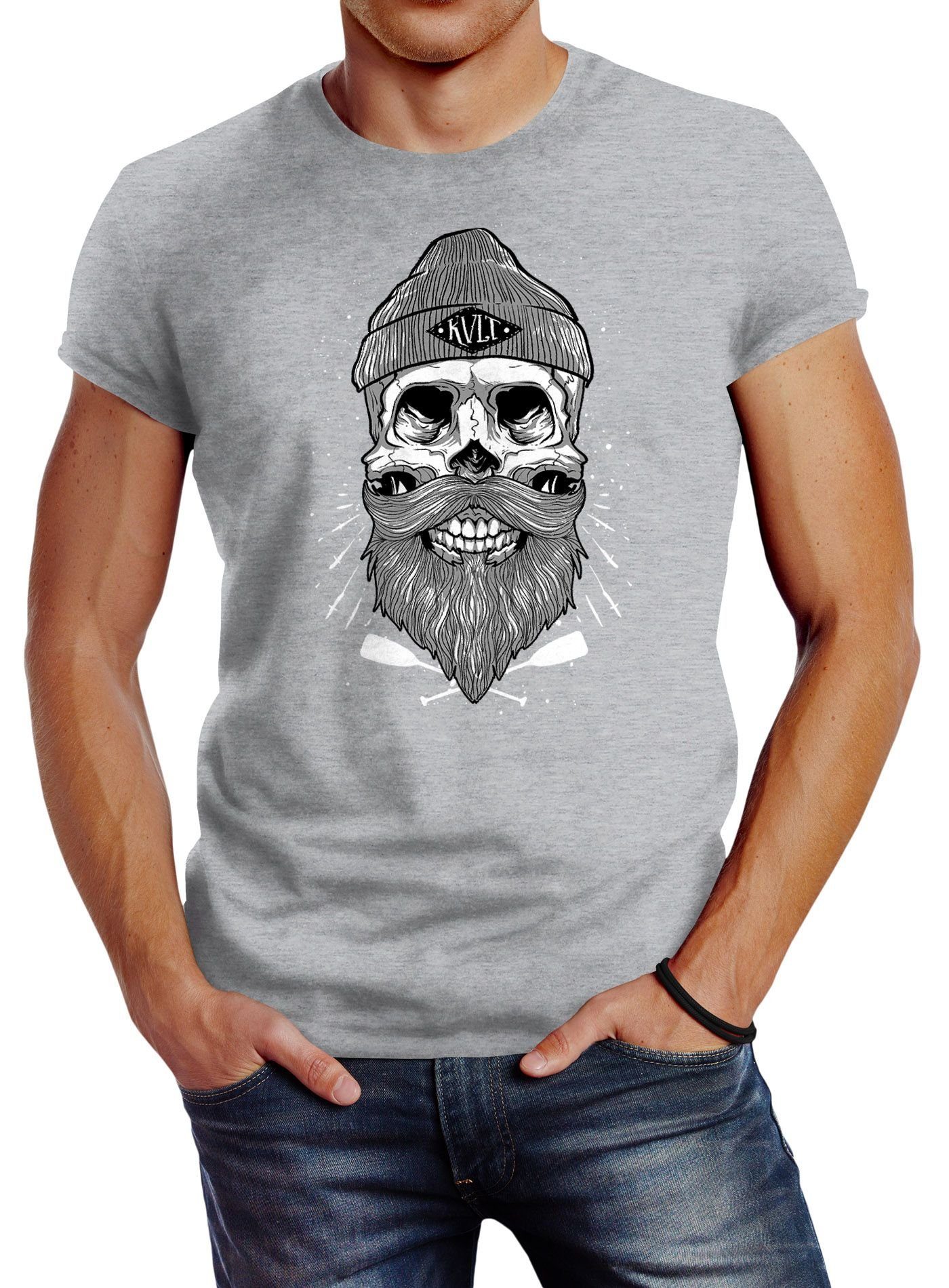 Neverless Print-Shirt Herren T-Shirt Captain Skull Beard Totenkopf Bart Kapitän Slim Fit Neverless® mit Print grau
