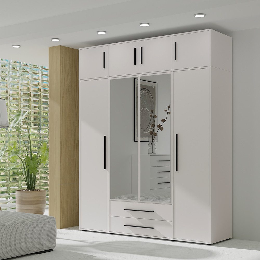Lomadox Kleiderschrank MOLLERUSA-132 in weiß matt mit schwarzen Griffen, 197,6cm breit, mit Spiegeltüren