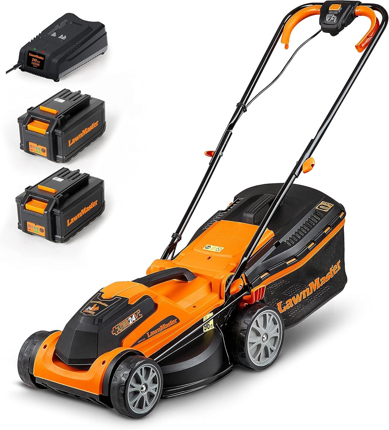 Lawnmaster Akkurasenmäher 24V Max 2x4.0Ah Batterie, 300m² Mulchen 32L, 34 cm Schnittbreite, 20-70mm 6-Stufige Schnitthöhenverstellung