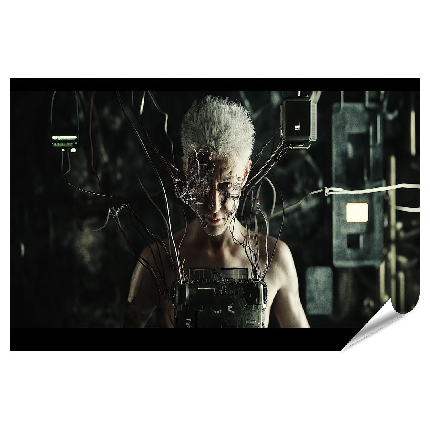 islandburner Poster Cyborg mit Kabeln und Technologie im dunklen Raum