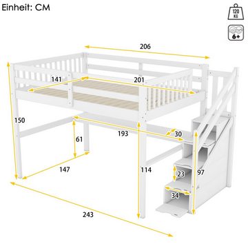 Flieks Hochbett Massivholz Etagenbett Kinderbett 140×200cm mit Treppe und Schreibtisch