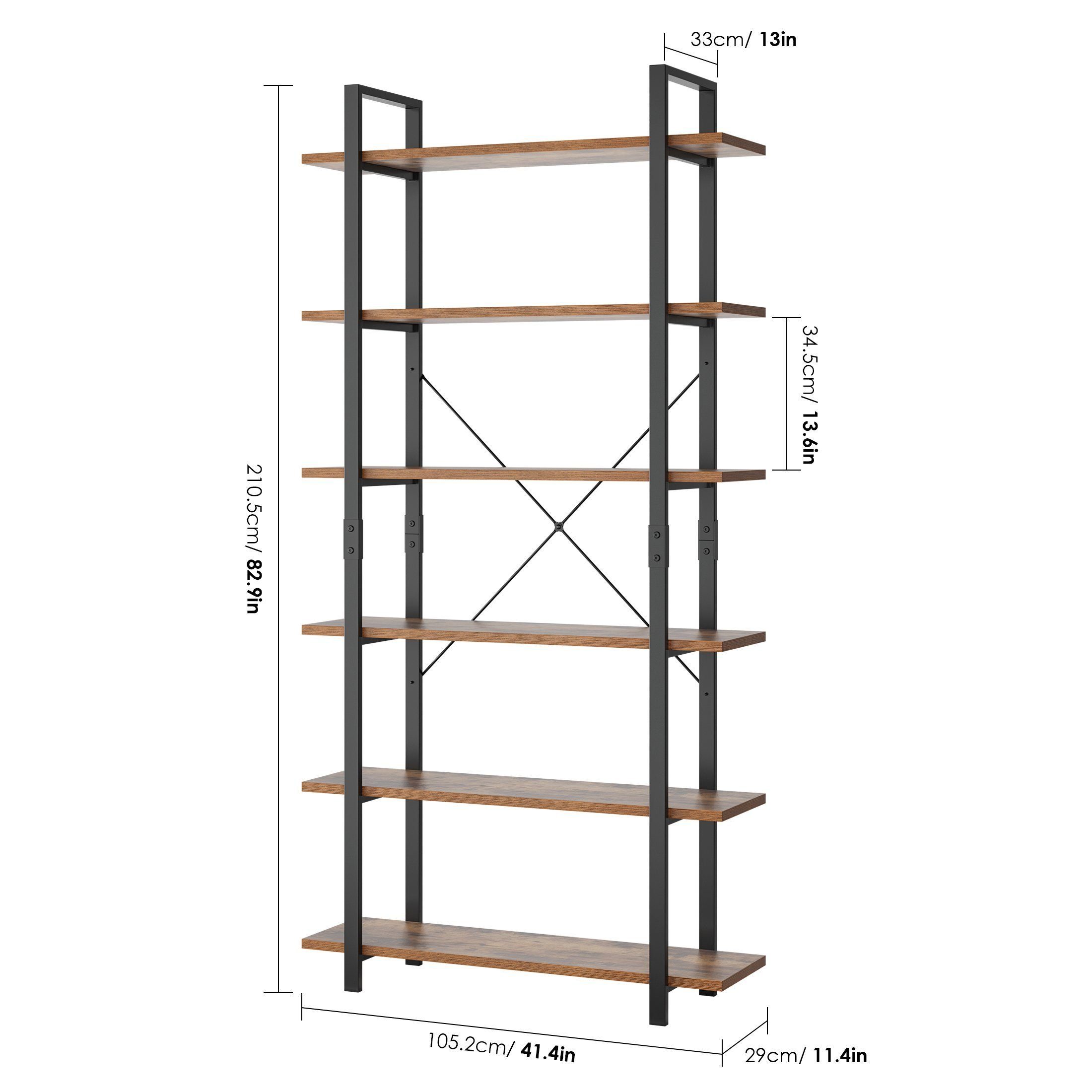 210cm Ebenen Metall Homfa 6 Holz Standregal, schwarz Küchenregal Bücherregal