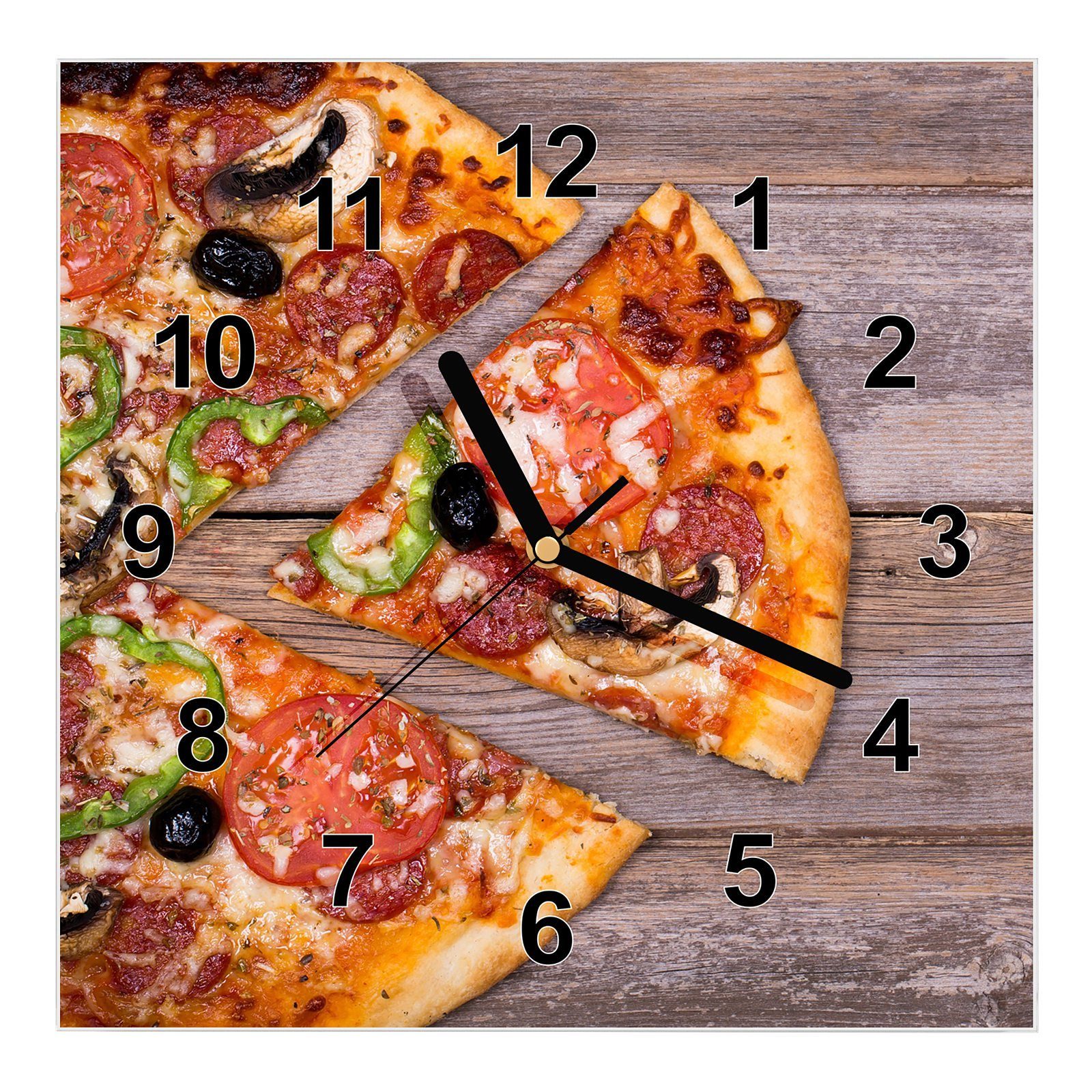 cm Pizza Größe Peperoni Ecken Wanduhr Glasuhr mit Wandkunst Wanduhr x Motiv Primedeco 30 30