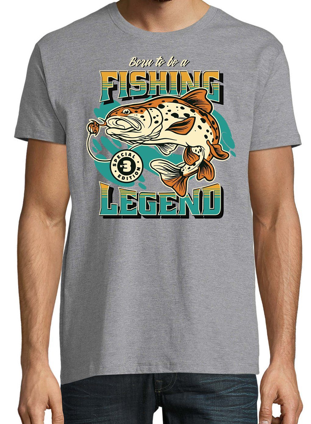 A To Youth T-Shirt Fishing Be (gerader Grau mit Designz "Born Frontprint trendigem Shirt Abschluss) Herren Legend"