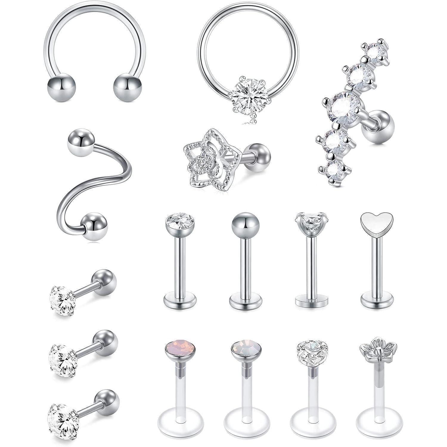 Piercing-Set Piercing Tragus Helix Labret Monroe 16G CZ 16stk Silber Set