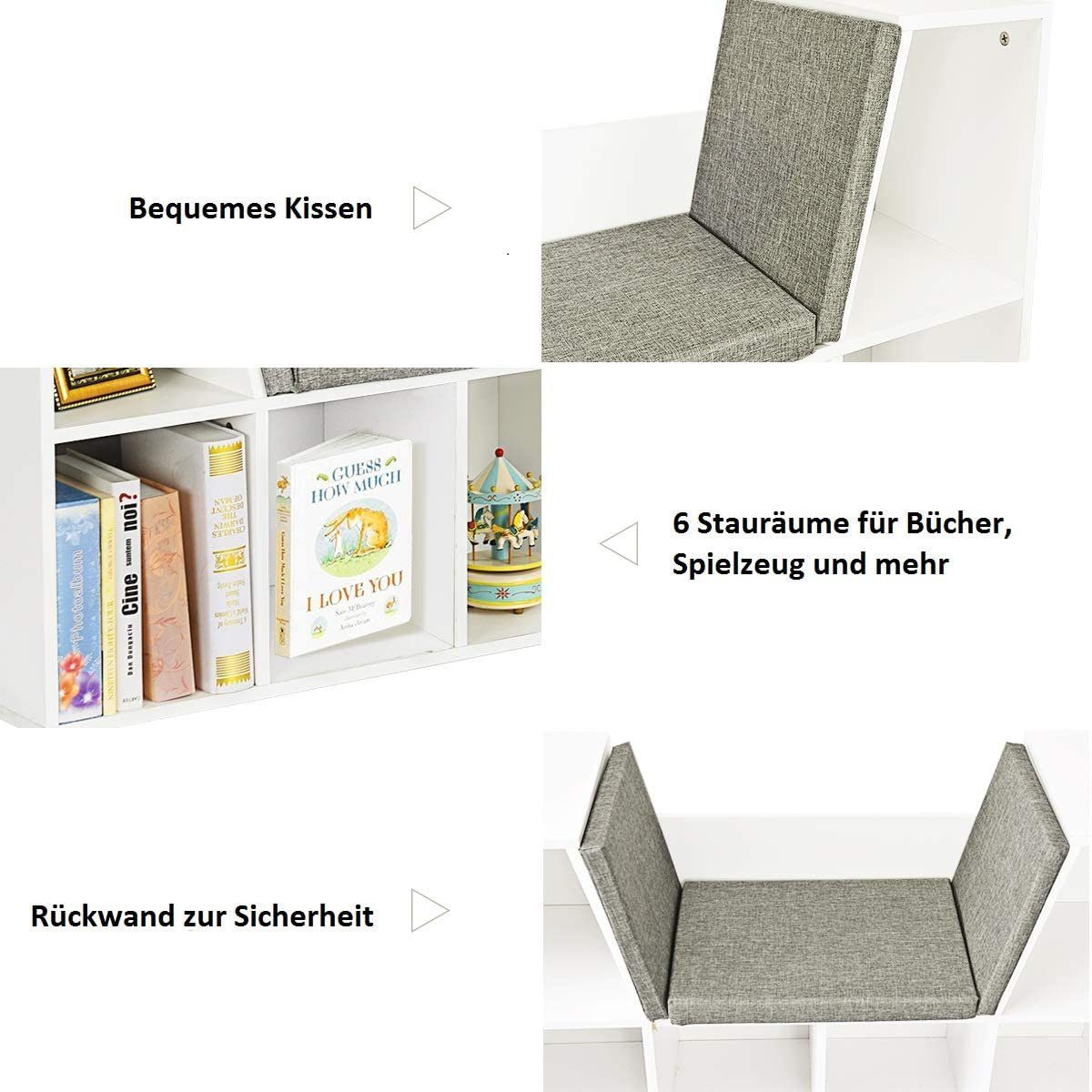 COSTWAY Bücherregal Aufbewahrungsregal, mit Kissen, 6 Fächer, 103x30x63cm – Bild 4 von 5