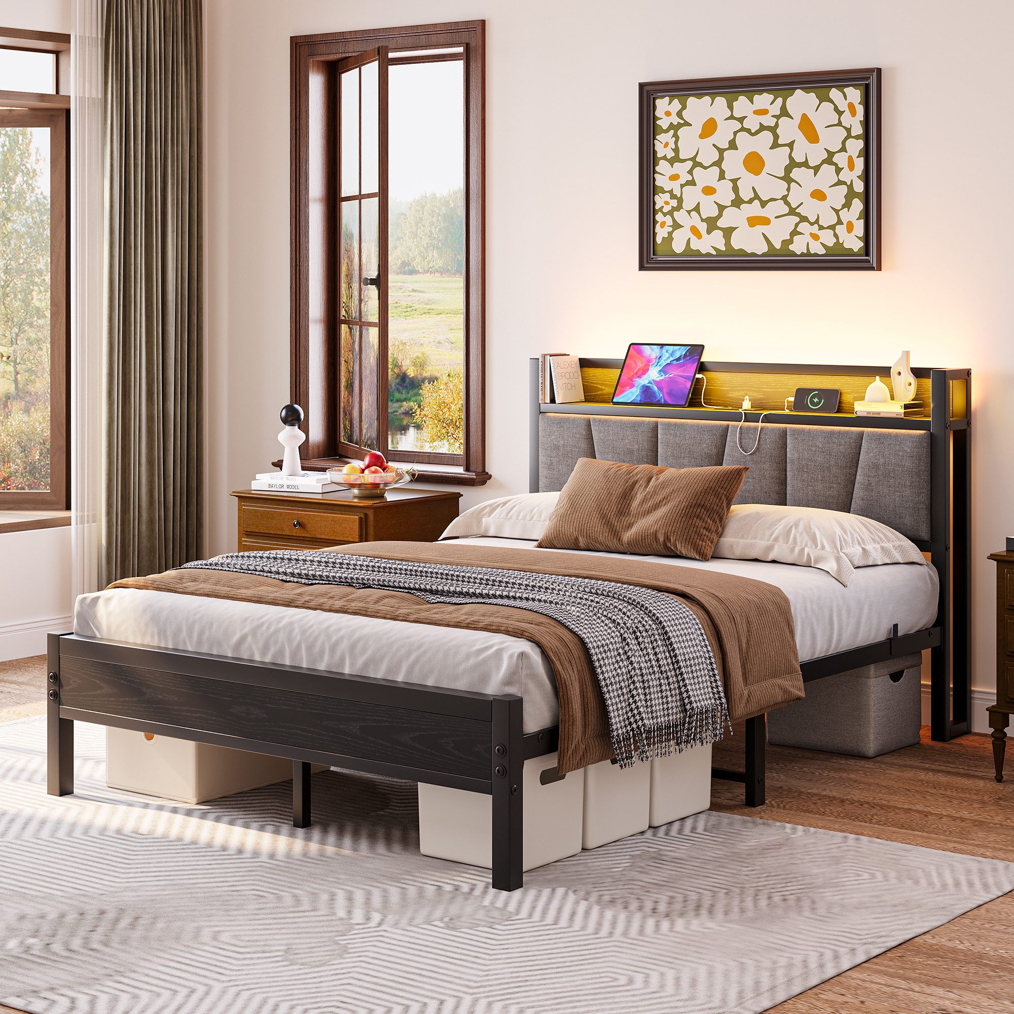 HOMERECOMMEND Metallbett mit 2 USB-Anschlüssen und LED Beleuchtung (1-tlg., Ohne Matratze), Jugendbett Bettgestell 140 x 190 cm