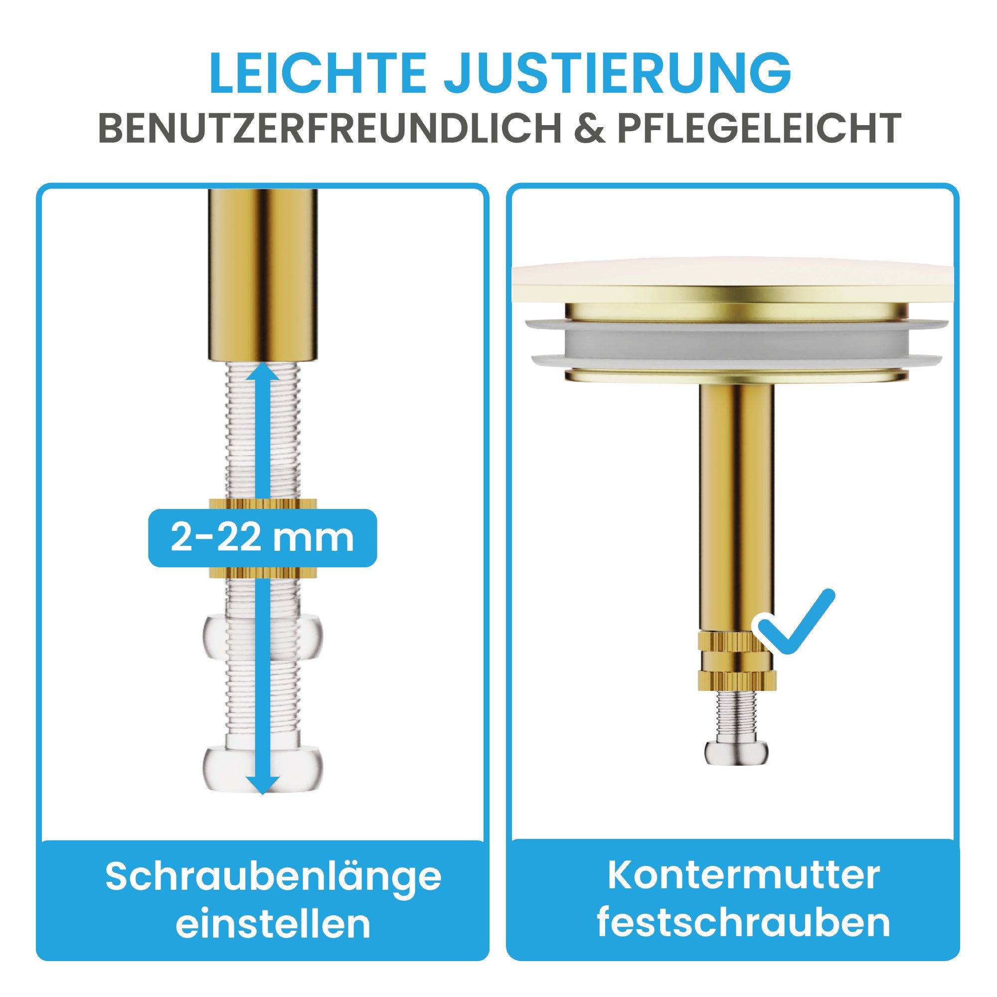 Bächlein Badewannenstöpsel Hochwertiger Badewannenstopfen mit Excenterverschluss, (Gold), Ablaufgarnitur für jede Badewanne inkl. Dichtungen – Bild 4 von 5