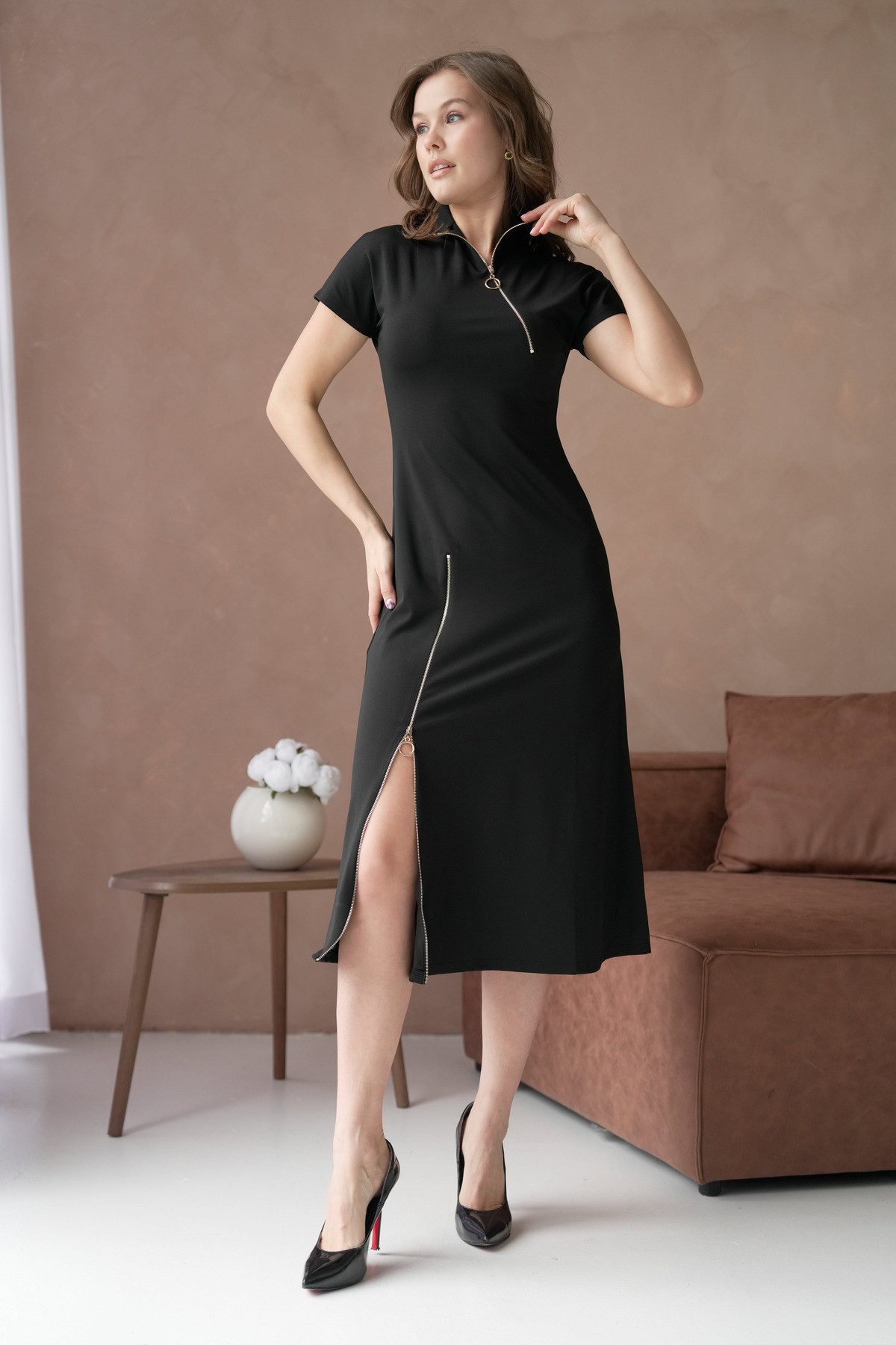 WOMAN VISION Midikleid Midikleid mit Reißverschlussdetail, hohem Kragen und kurzen Ärmeln