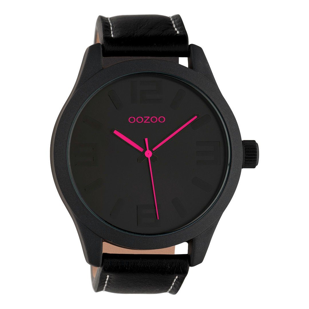 OOZOO Quarzuhr Basic XXL Armbanduhr C1068 Pink Lederband Schwarz 46 mm günstig online kaufen