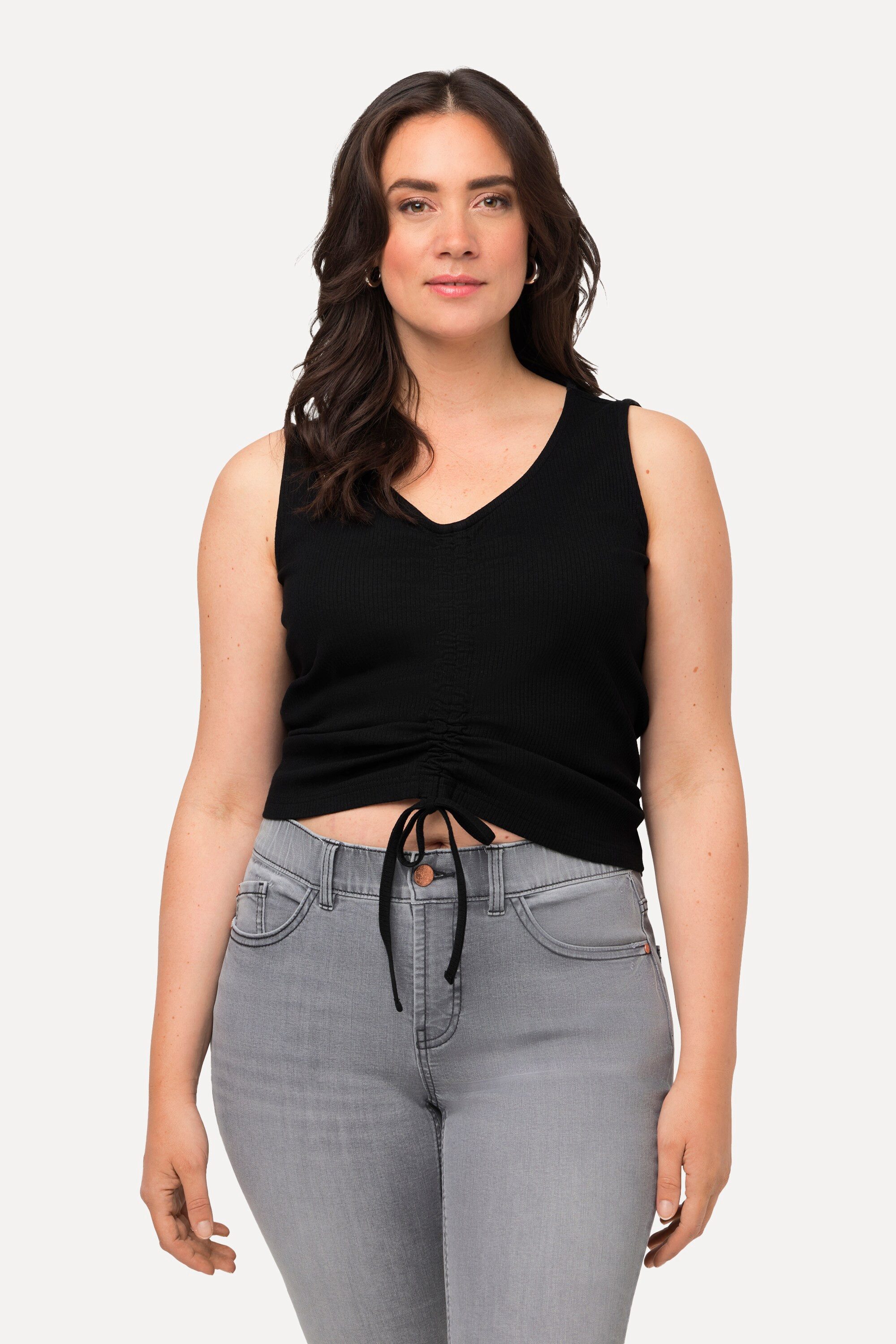 Ulla Popken Longtop Top Rippjersey Slim V-Ausschnitt ärmellos