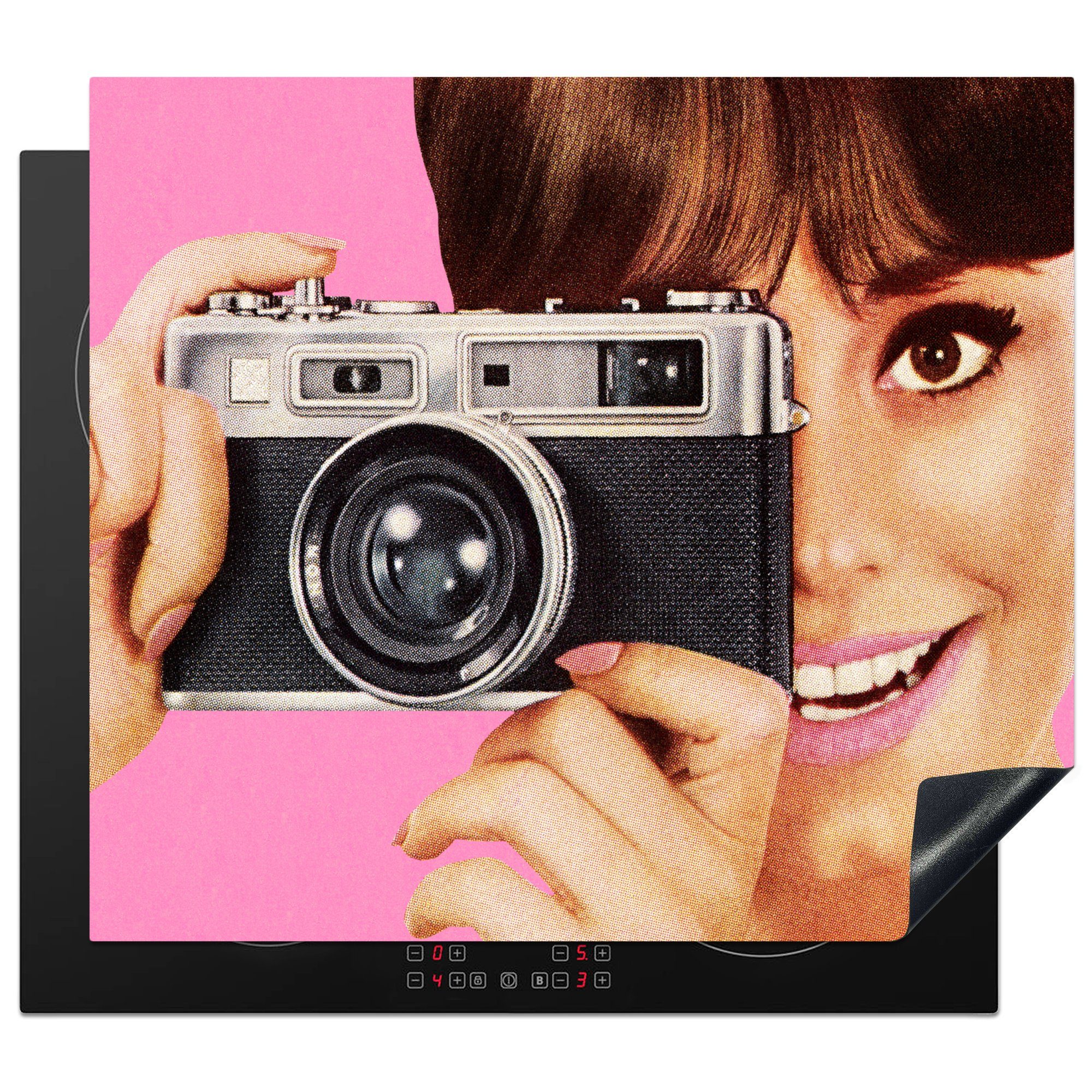 MuchoWow Herdblende-/Abdeckplatte Vintage - Kamera - Frau, Vinyl, (1 tlg), 59x52 cm, Ceranfeldabdeckung für die küche, Induktionsmatte
