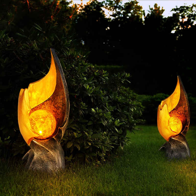 etc-shop LED Solarleuchte, LED Solar Flamme Solarlampen für Außen Garten Dekoration Solarleuchte mit Flammeneffekt, gold braune Skulptur mit bezauberndem Lichteffekt, 1x LED warmweiß, H 36 cm, 2er Set
