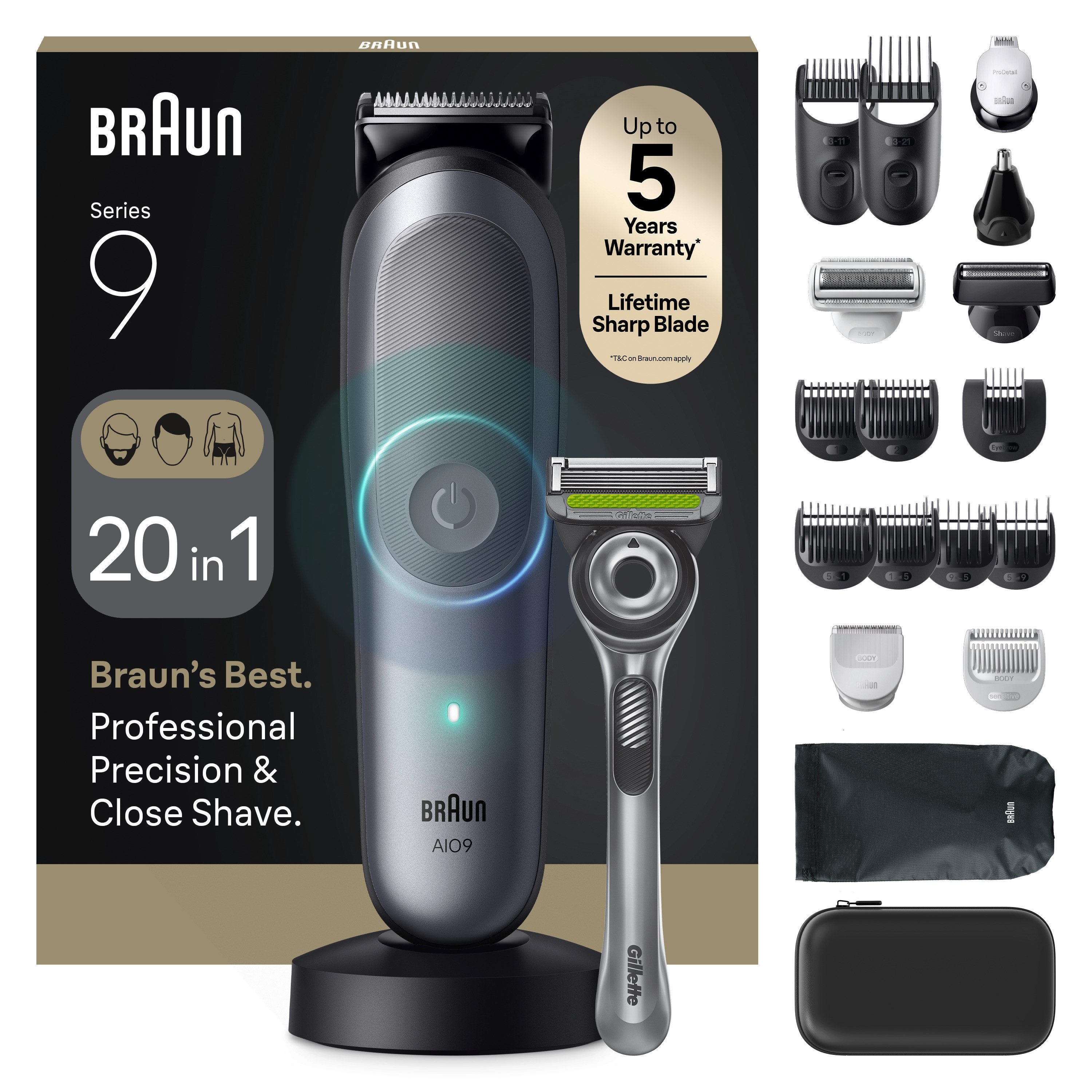 Braun Haarschneider Series 9 AIO9540, 20-in-1, BodyGentle Modus, 120 Min Akku, Gillette Labs Rasierer, Grau