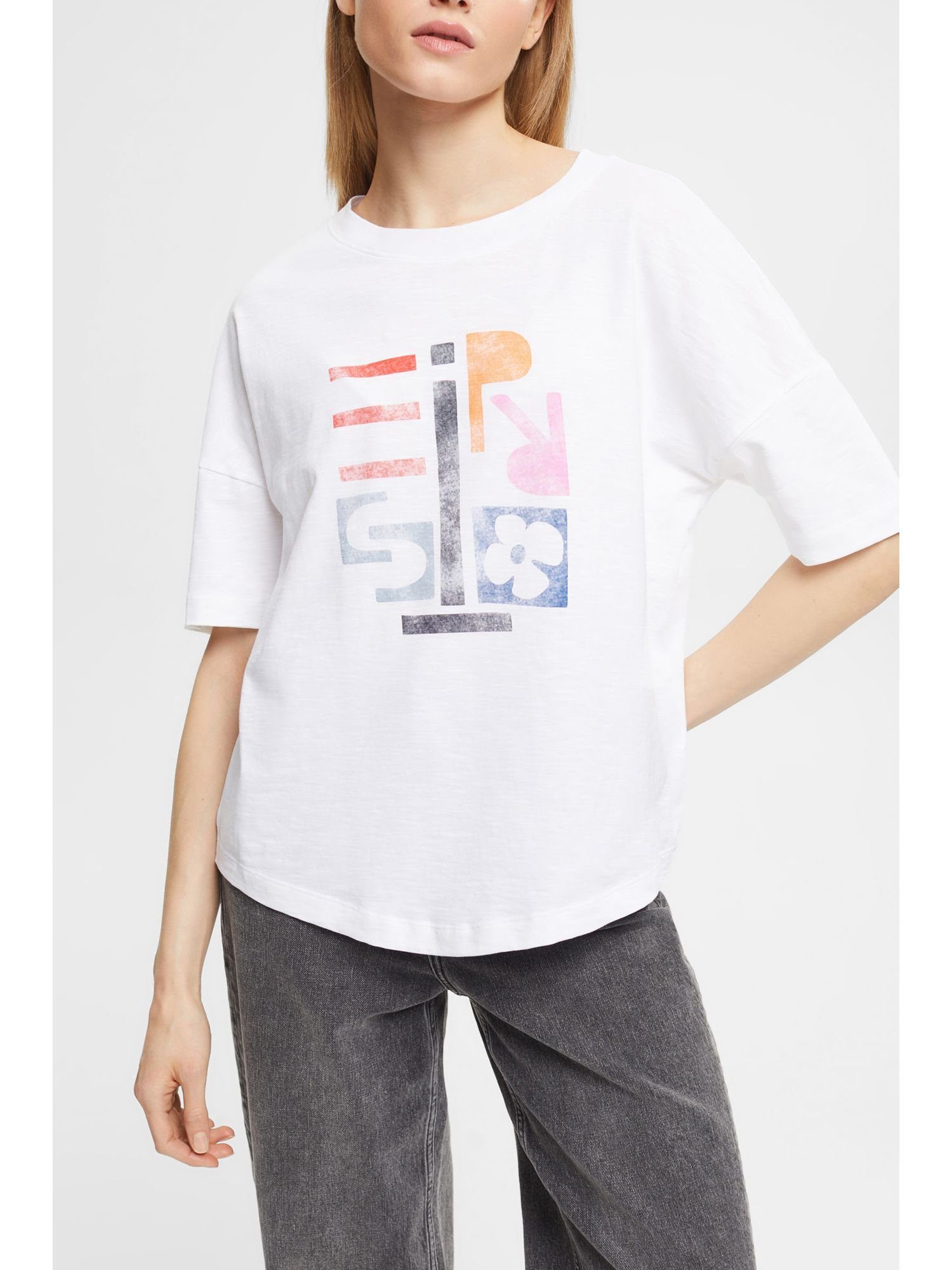 Esprit Langarmshirt Baumwoll-T-Shirt geometrischem WHITE mit (1-tlg) Print