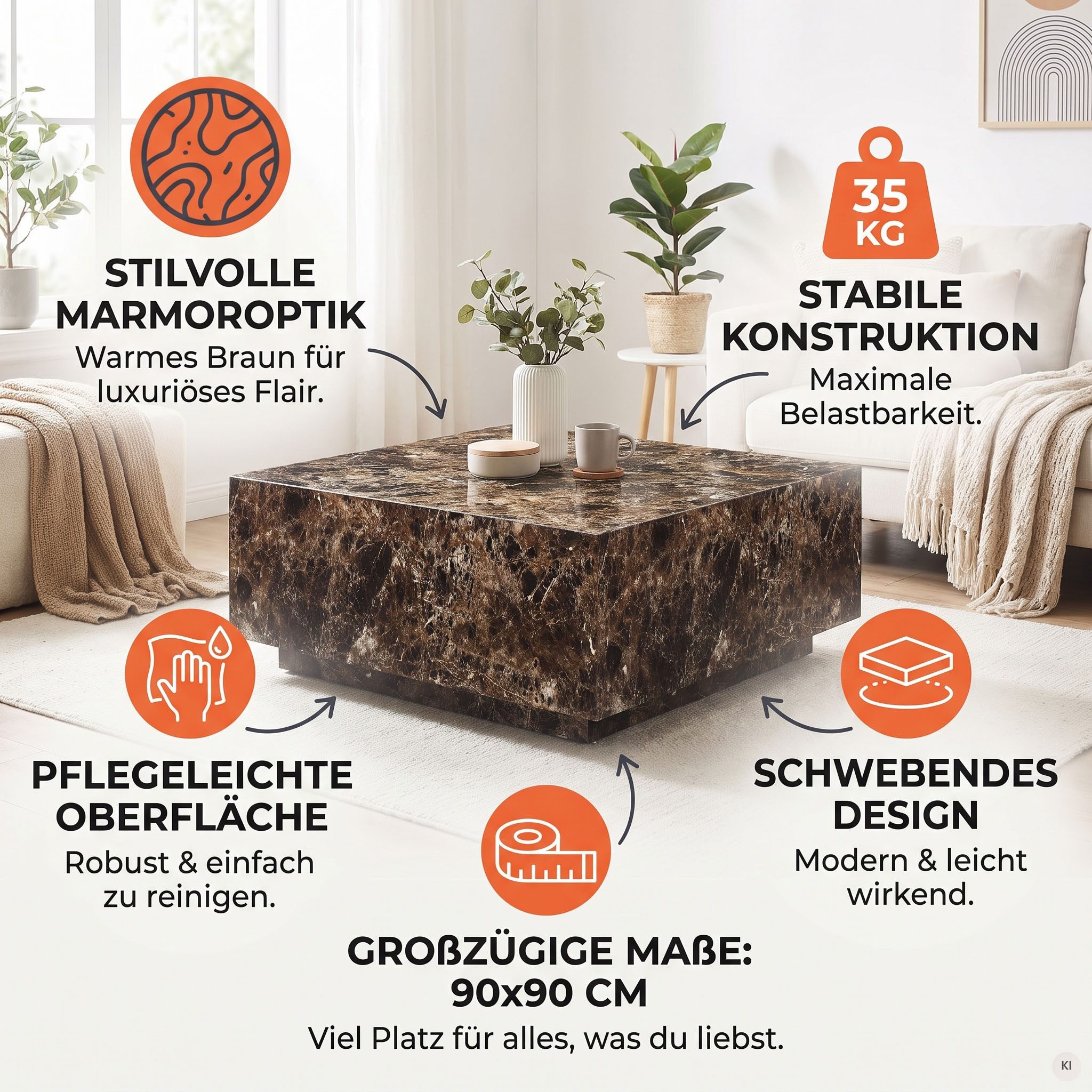 SalesFever Couchtisch AlmerÃ a Wohnzimmertisch: Beistelltisch mit Schwebe-Effekt, quadratisch 90x90 cm, in Marmoroptik foliert – Bild 4 von 5