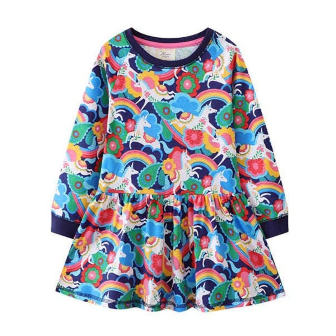 suebidou Midikleid Mädchenkleid Langarm mit Einhornprint ausgestellt Bündchen ausgestellt