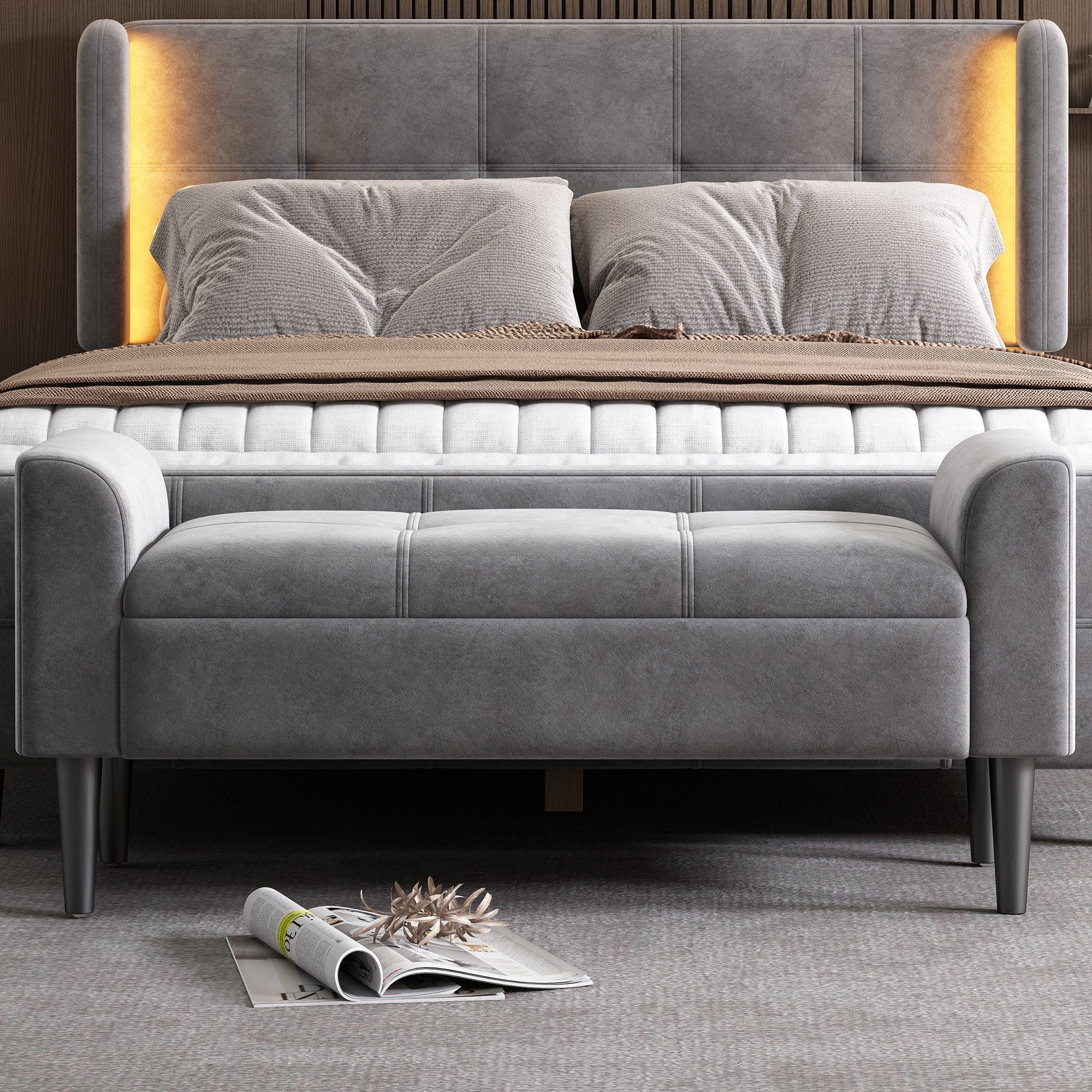 i@home Polsterbank Bettbank mit Armlehne, Steppmuster (Klavierbank, Esszimmerbank Grau Samt, 1-St), gepolsterte Sitzbank für Schlafzimmer, 116×44×56 cm