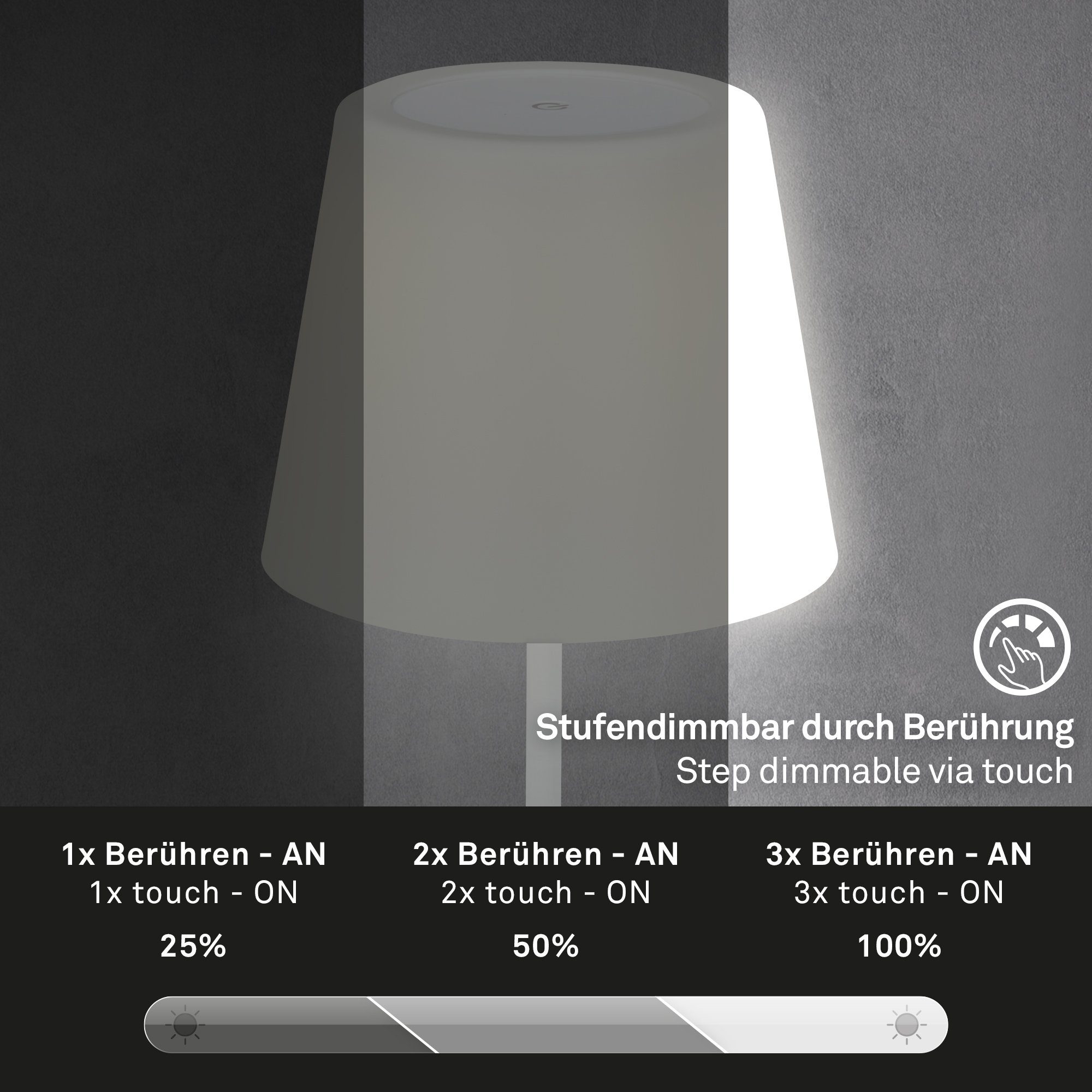 Außen-Tischleuchte verbaut, LED Briloner 30x14,5cm, Spritzwasserschutz, Touch, Wohnzimmer fest dimmbar, 7032-416, Schlafzimmer, 3W, USB-Aufladung, LED Weiß, Akku, Leuchten Neutralweiß, kabellos, Tischlampe