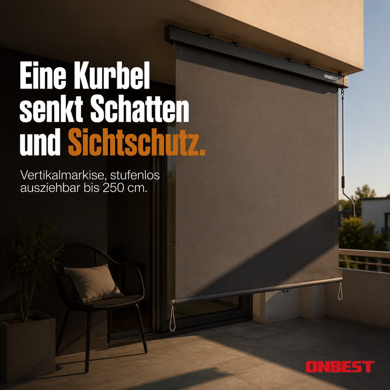 Onbest Senkrechtmarkise Vertikalmarkise mit Handkurbel inklusive Montagematerial 250 x 160 cm, Schmutzabweisend, Wetterfest, UV-Beständig