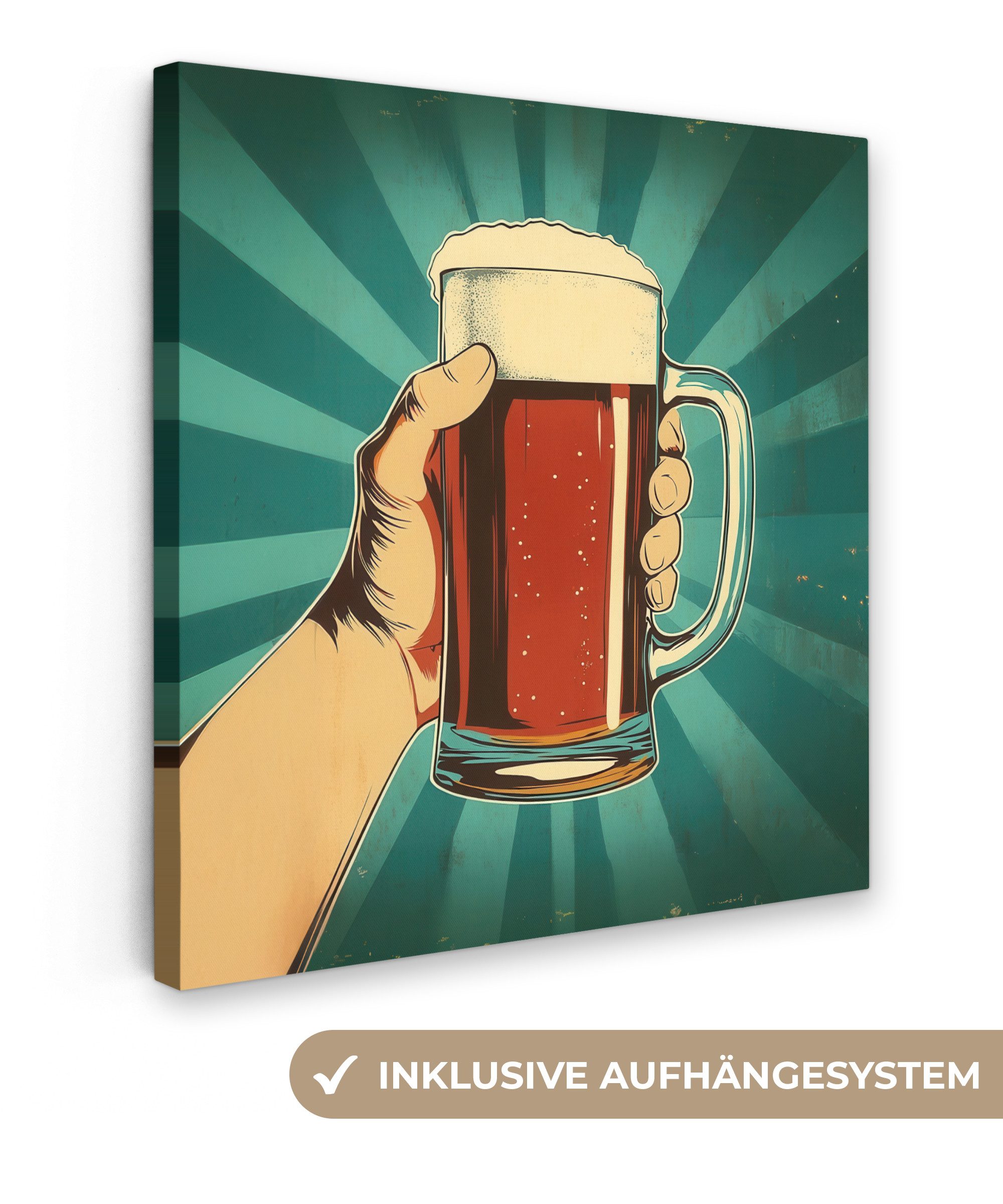 OneMillionCanvasses® Leinwandbild Bierglas - Schaumstoff - Retro - Grün, Fotodruck (1 St), Wandbild, Deko Schlafzimmer Wohnzimmer Flur 20x20 cm