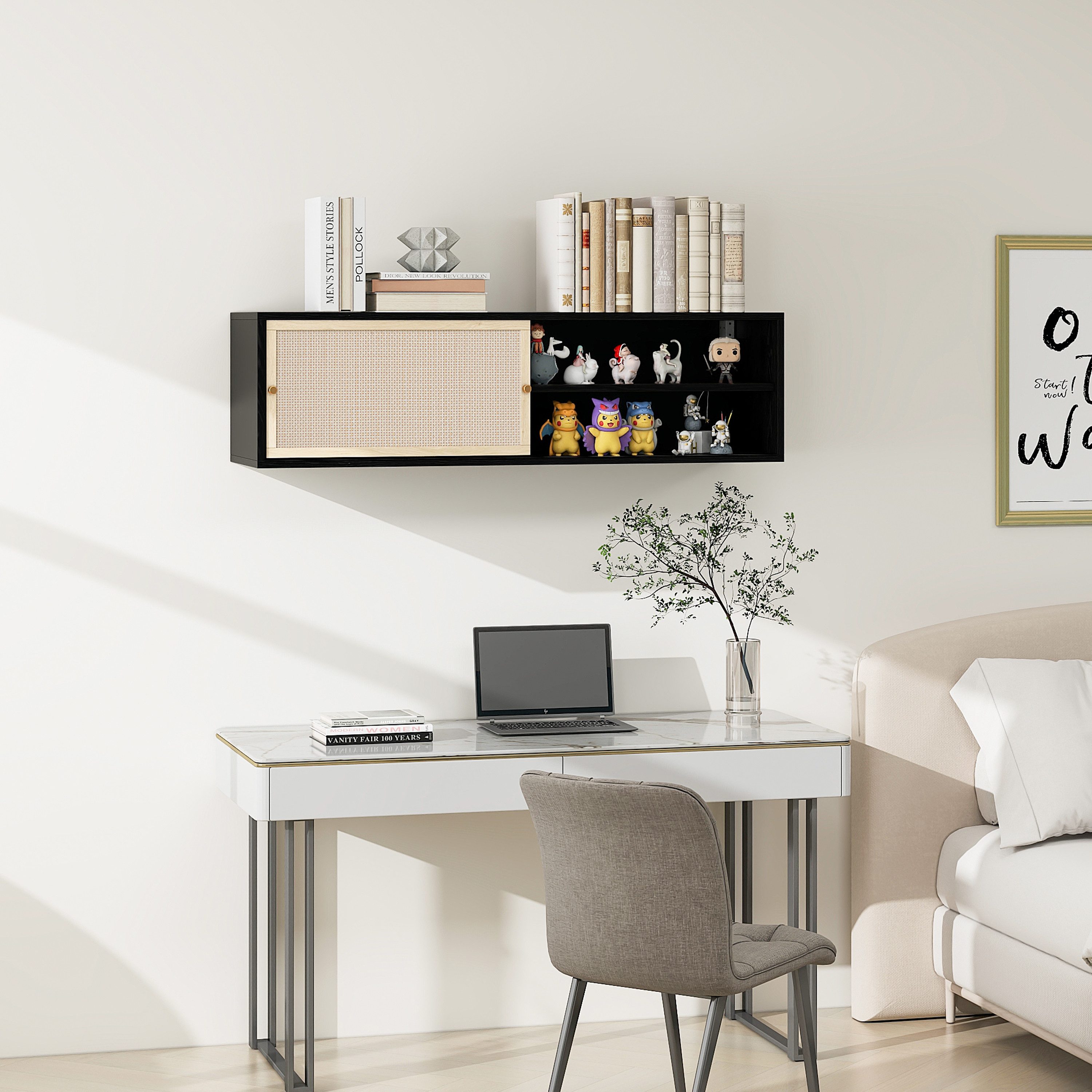 HAUSS SPOLE Wandhängeschrank Lowboard Regal Wandschrank, Rattangeflecht, Schiebetüren, Schwarzer Wandschrank mit Schiebetüren & Rattangeflecht.