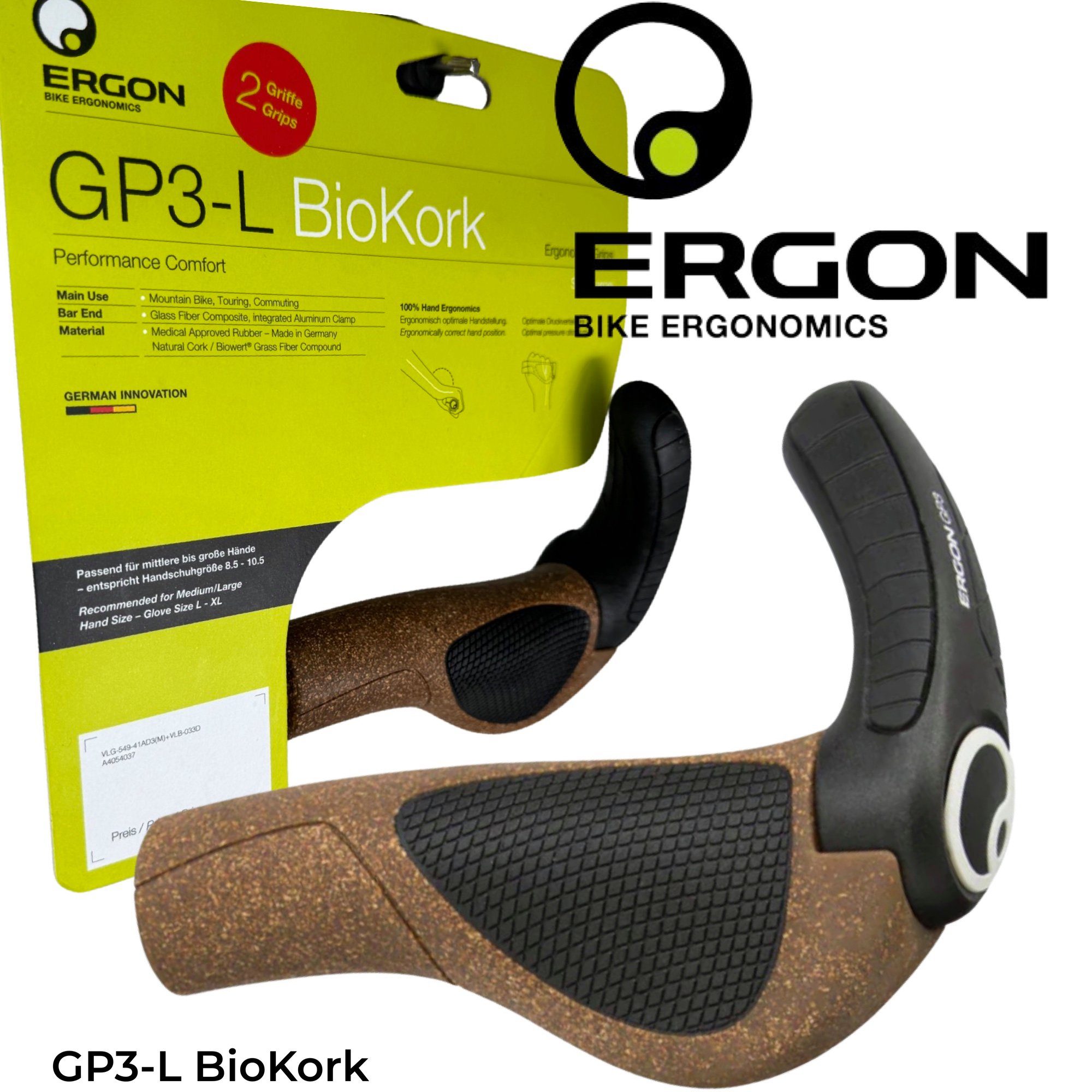 Ergon Fahrradlenker Ergon GP3-L BioKork City Ebike Ergo komfort Fahrrad Griffe Hörnchen