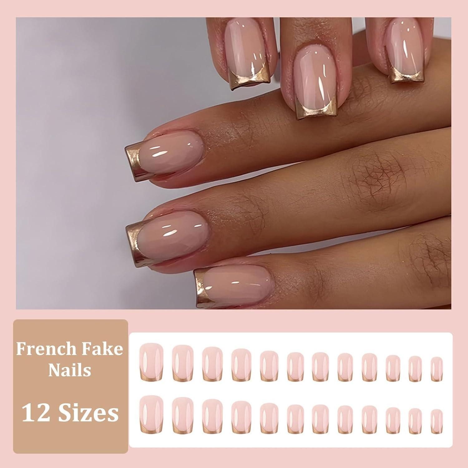 LuxusKollektion Kunstfingernägel Künstliche Nägel Press on Nails Kurz Eckig Acryl Französisch Gold Rand