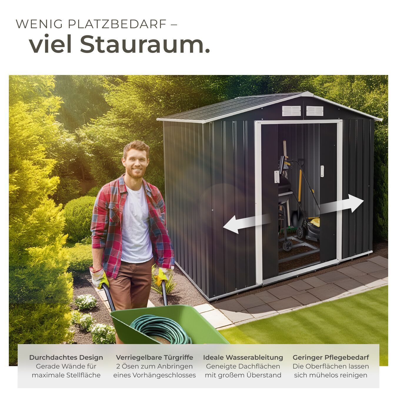 tectake Gartenhaus Geräteschuppen mit Satteldach, BxT: 130,00x214,00 cm, aus Stahl