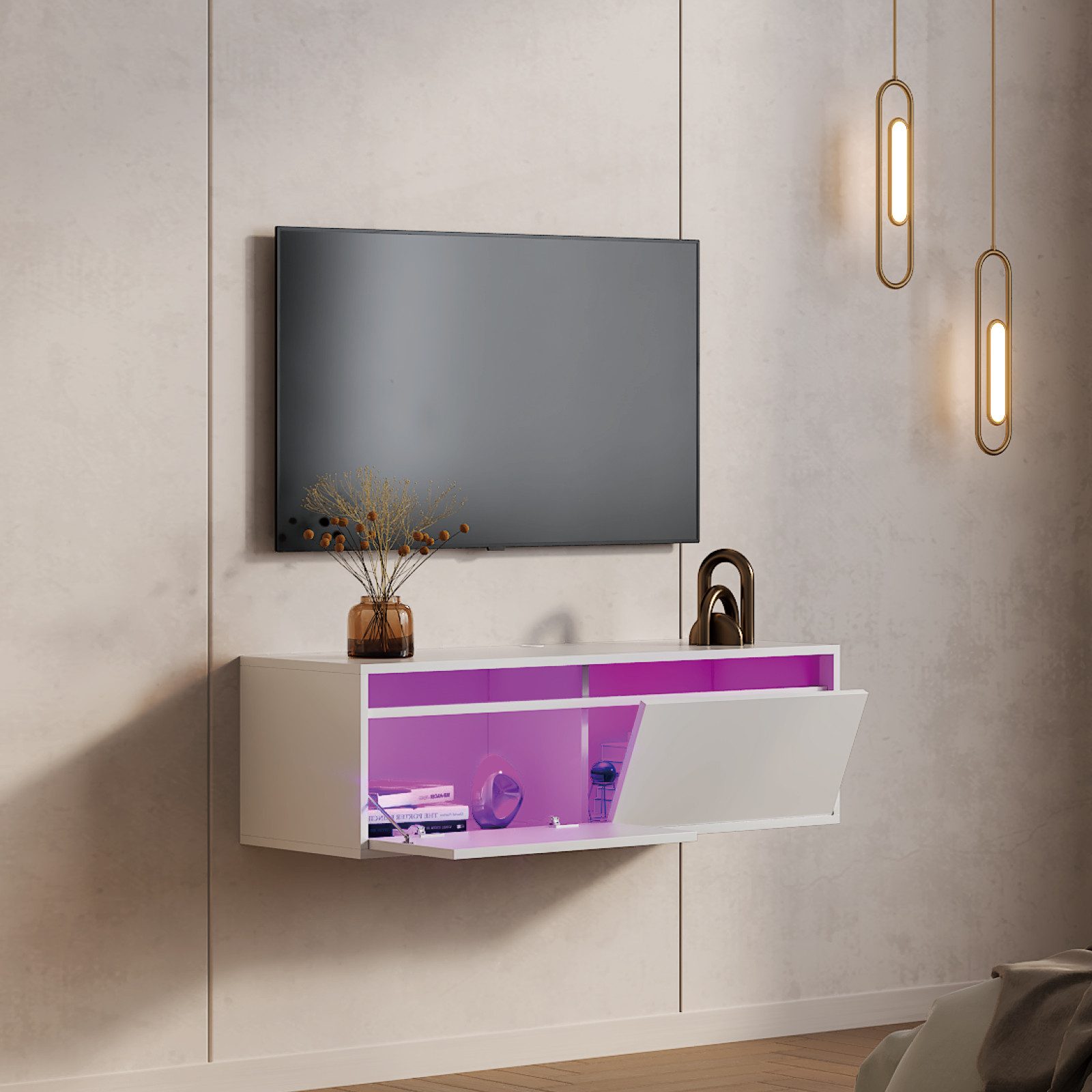 radelldar Lowboard mit LED-Beleuchtung, hängender TV-Schrank (1 St), modernes griffloses TV-Board mit 2 Türen, 100 cm breit