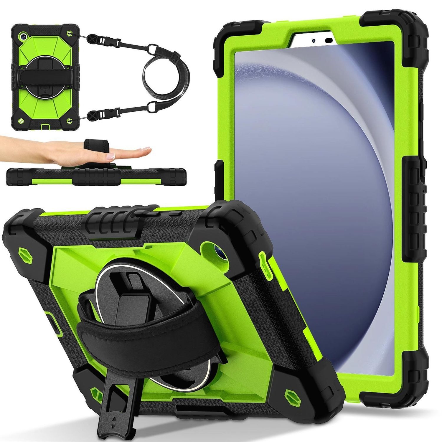 Wigento Tablet-Hülle Für Samsung Galaxy Tab A11 Hybrid Hülle mit Halter & Schultergurt Grün, Hybrid Schutzhülle Smart Case Cover mit Schultergurt