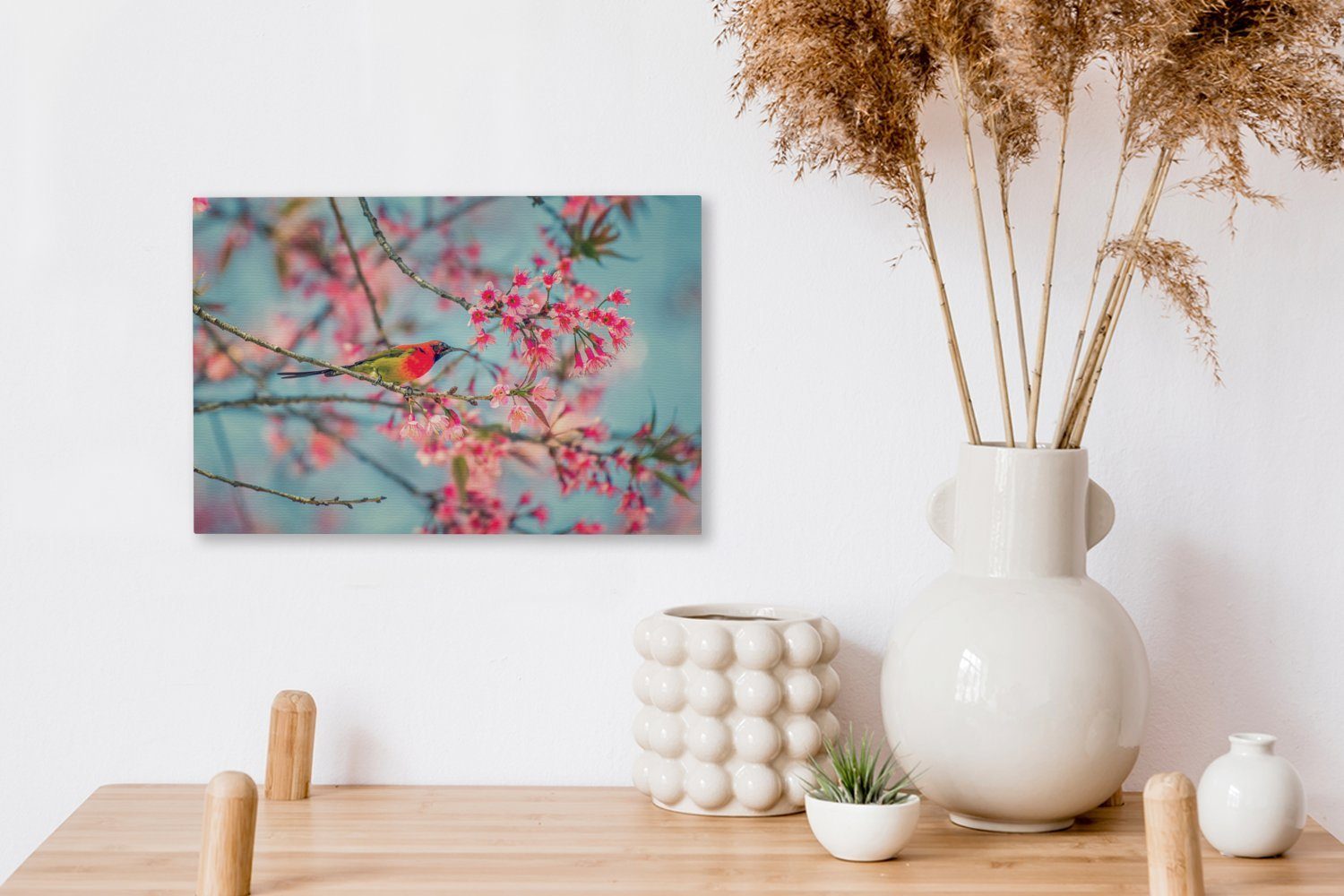 OneMillionCanvasses® Leinwandbild Vogel - Blüte 30x20 Leinwandbilder, St), - cm Aufhängefertig, Rosa, (1 Wandbild Wanddeko