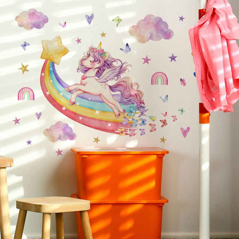 Juoungle Wandsticker Wandtattoo Regenbogen Einhorn Wandaufkleber Wandsticker Wanddeko