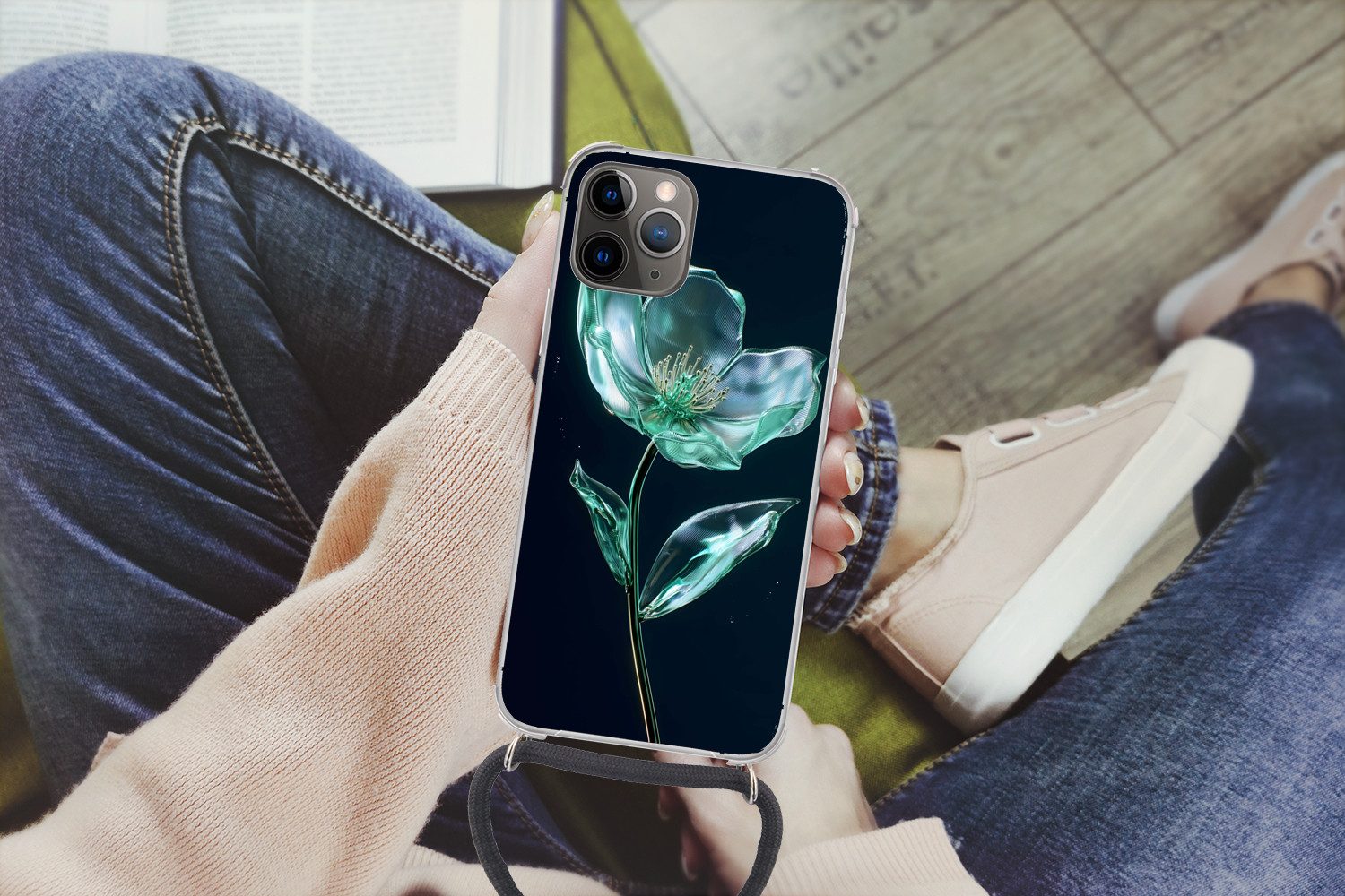 MuchoWow Handyhülle für Apple iPhone 13 Pro Max Blätter - Blume - Gläser - Dunkelblau, Tragbare Handyhüllen mit Kette zum umhängen, Handykette Handyband