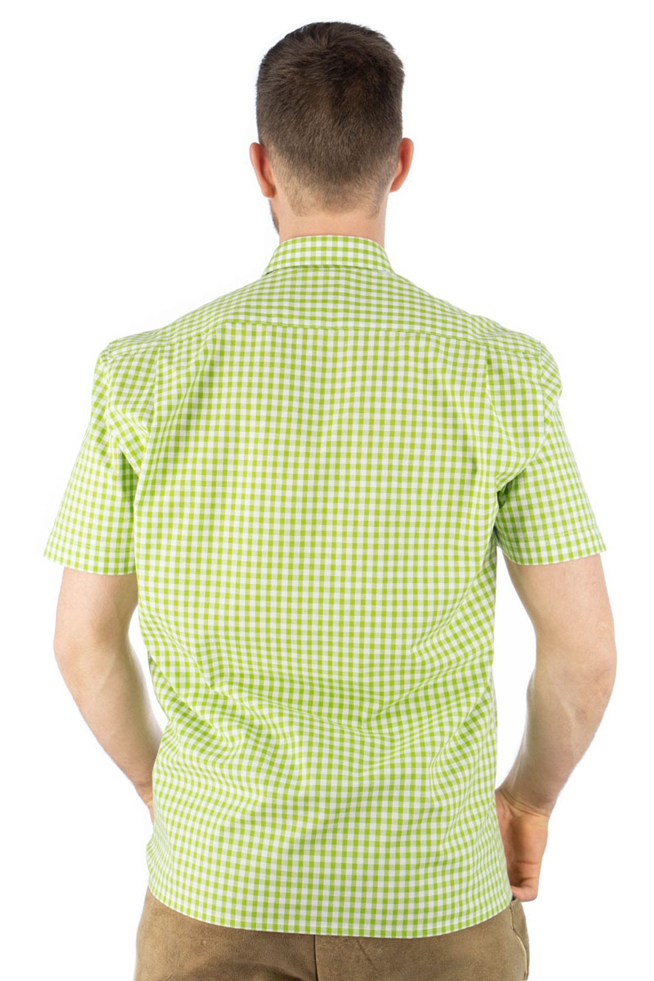 mit Zihul aufgesetzter Hirsch-Stickerei Kurzarmhemd Brusttasche Trachtenhemd OS-Trachten mit giftgrün