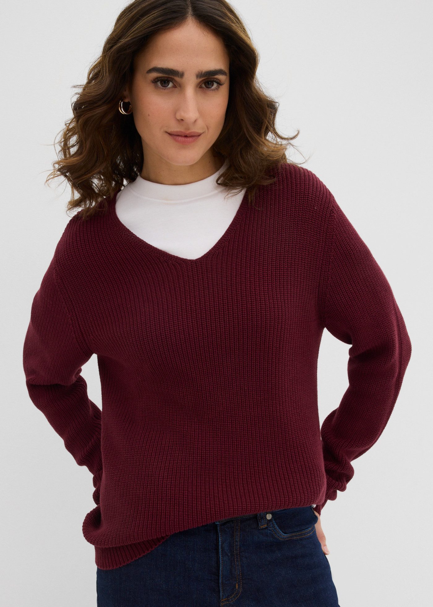 bonprix Strickpullover mit V-Ausschnitt, aus Baumwolle, bequeme Passform, casual